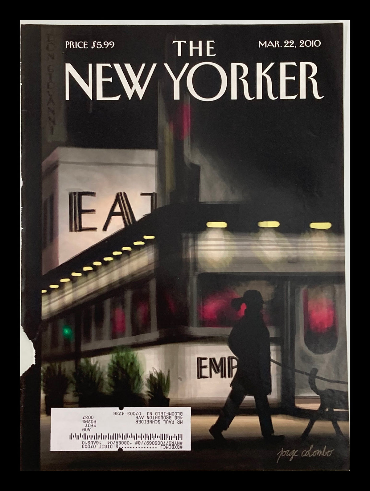 The New Yorker March 22 2010 Walking in the Dark magazine cover featuring a serene nightlife scene with a silhouette walking past illuminated signs.