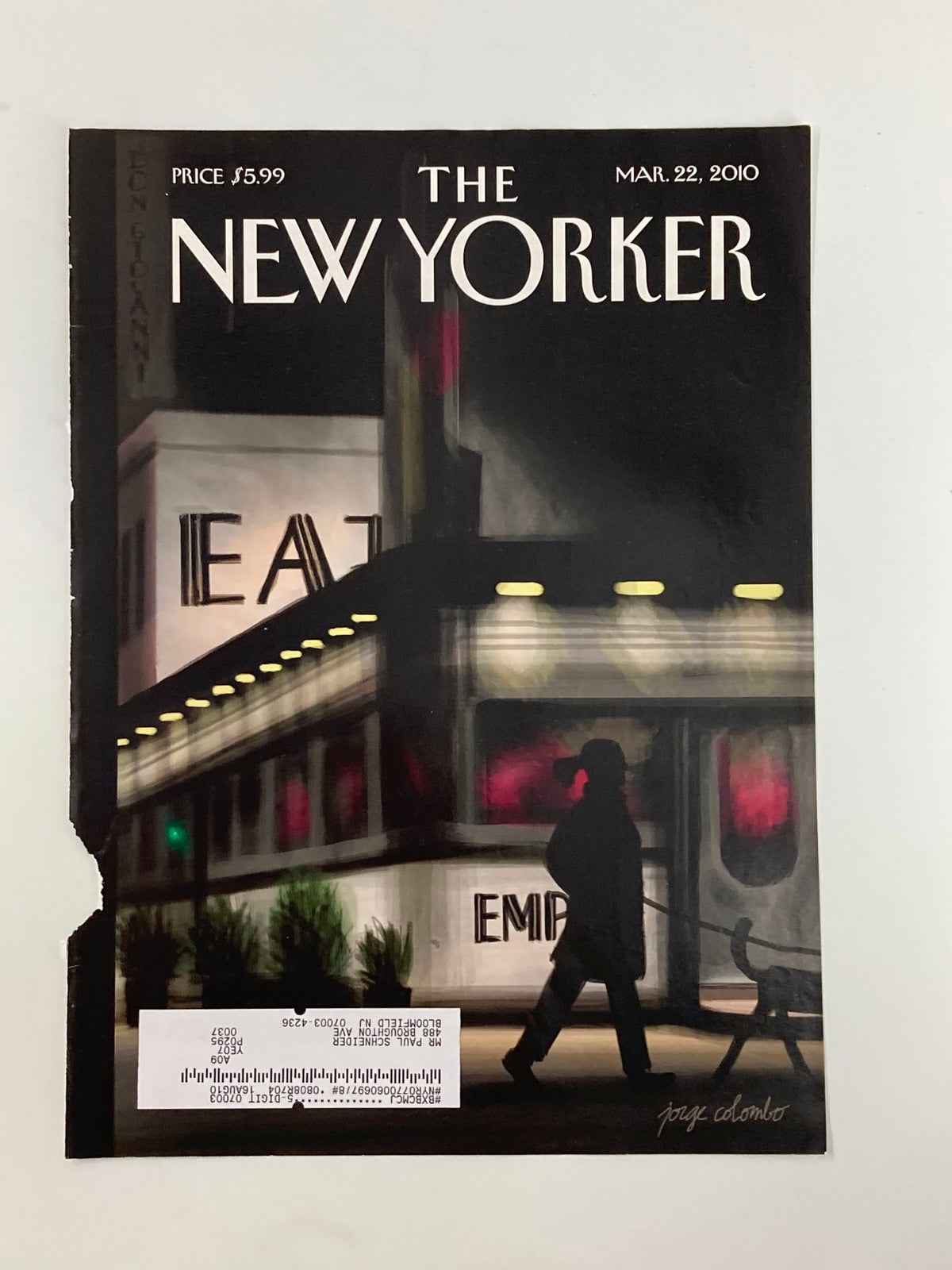The New Yorker March 22 2010 Walking in the Dark cover showcasing a quiet street view with a figure walking and glowing signs in the background.