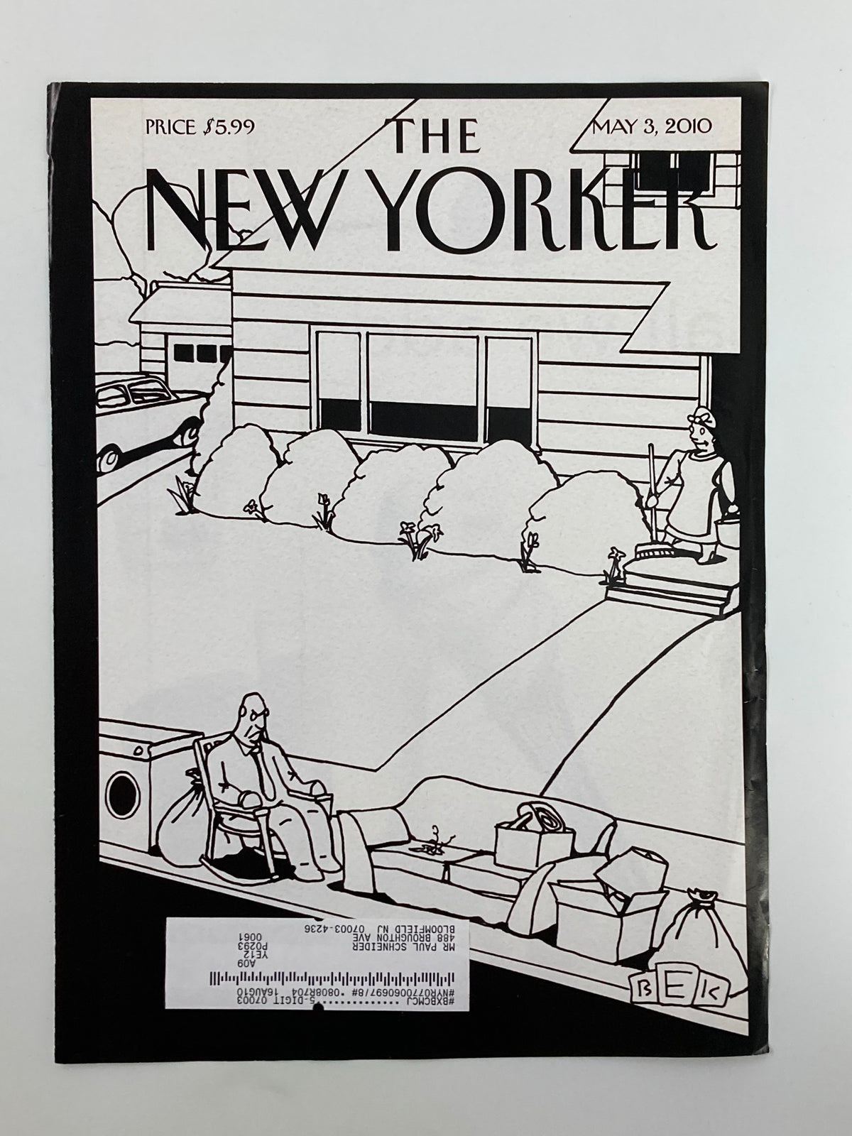 Cover of The New Yorker May 3 2010, highlighting a whimsical spring cleaning illustration by Bruce Eric Kaplan, with two characters and yard clutter in a residential setting.