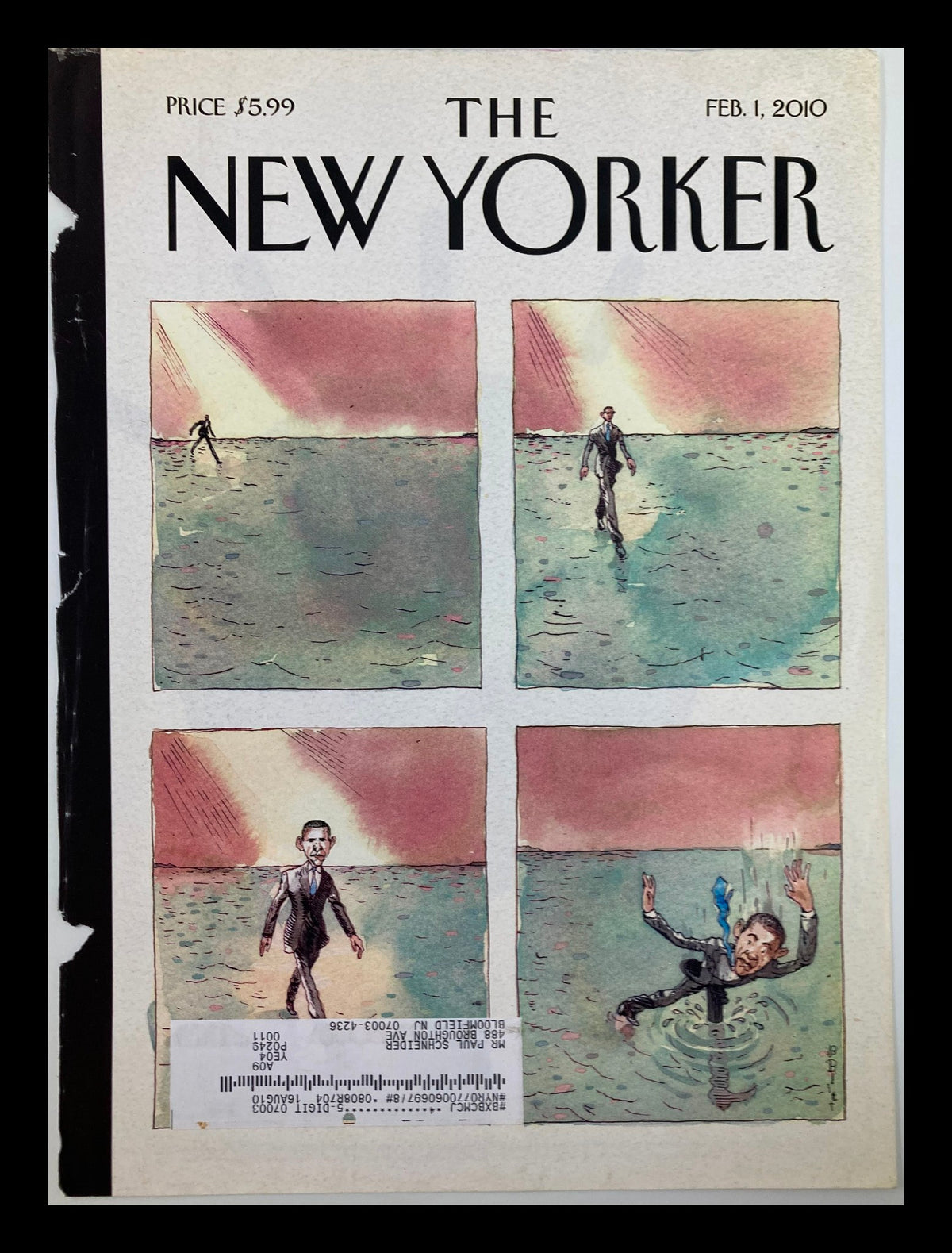 Cover of The New Yorker February 1 2010 First Anniversary by Barry Blitt featuring four illustrations of swimmers in the ocean.