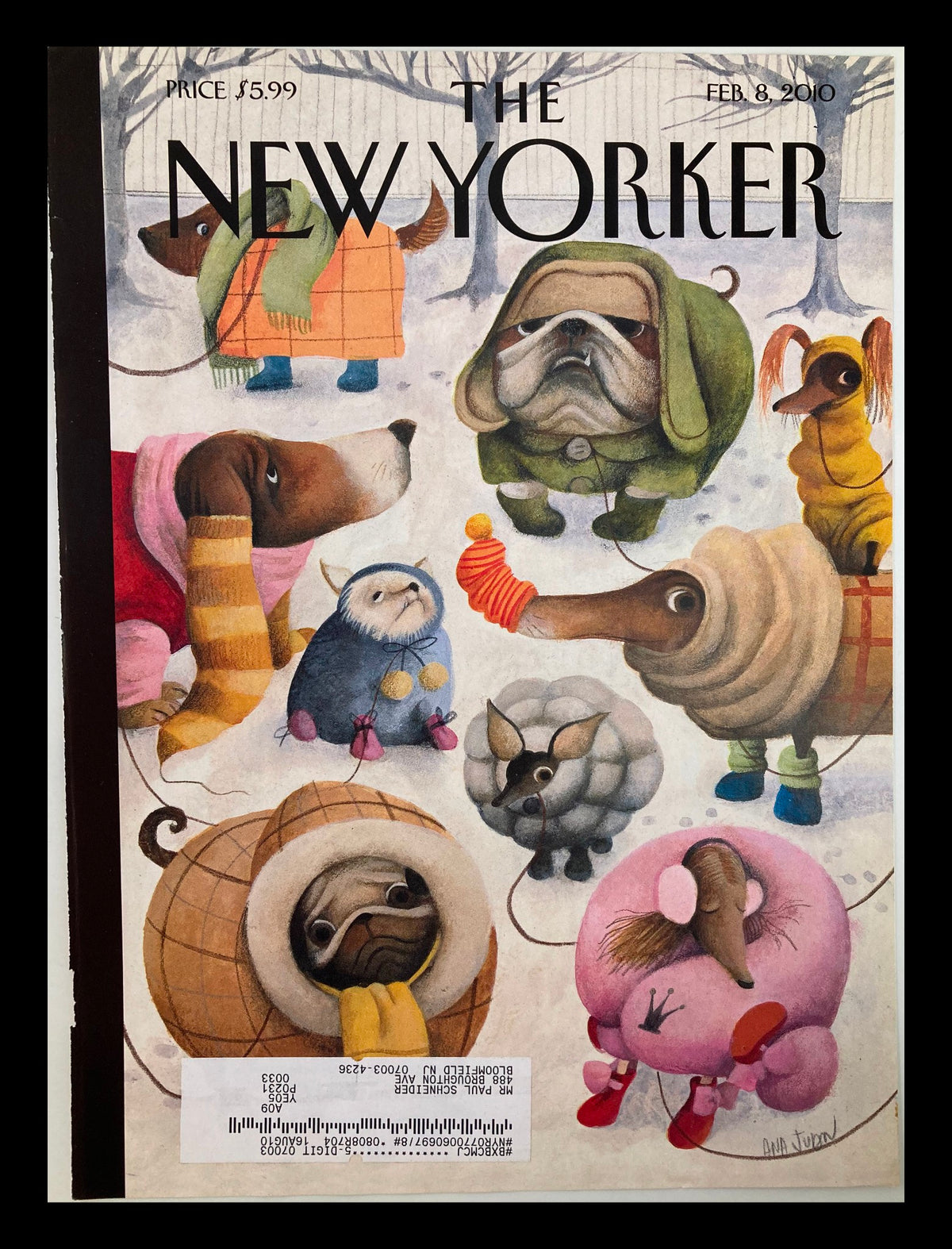 Cover of The New Yorker February 8, 2010, titled 'Baby It's Cold' by Ana Juan, featuring whimsical illustrated animals in winter attire against a snowy backdrop.
