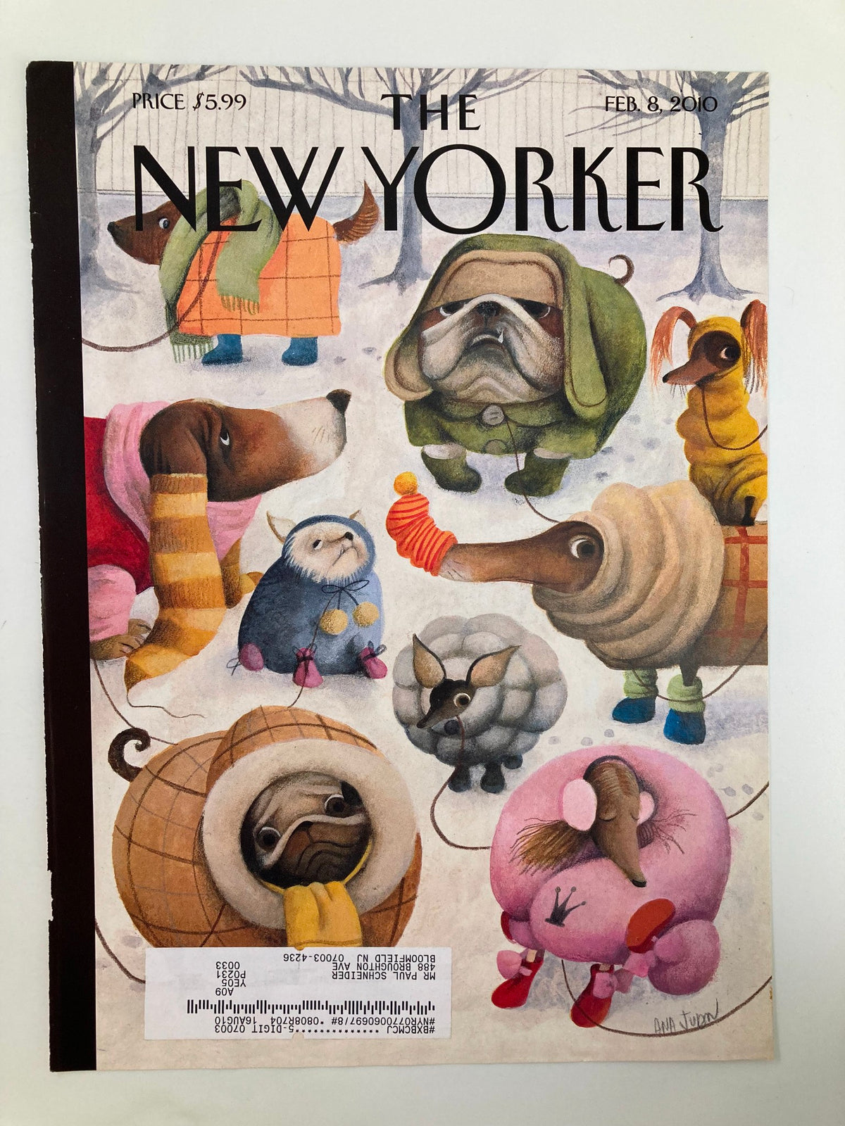 Cover of The New Yorker February 8, 2010, titled 'Baby It's Cold' by Ana Juan, showcasing charming cartoon animals dressed for winter in a snowy setting.