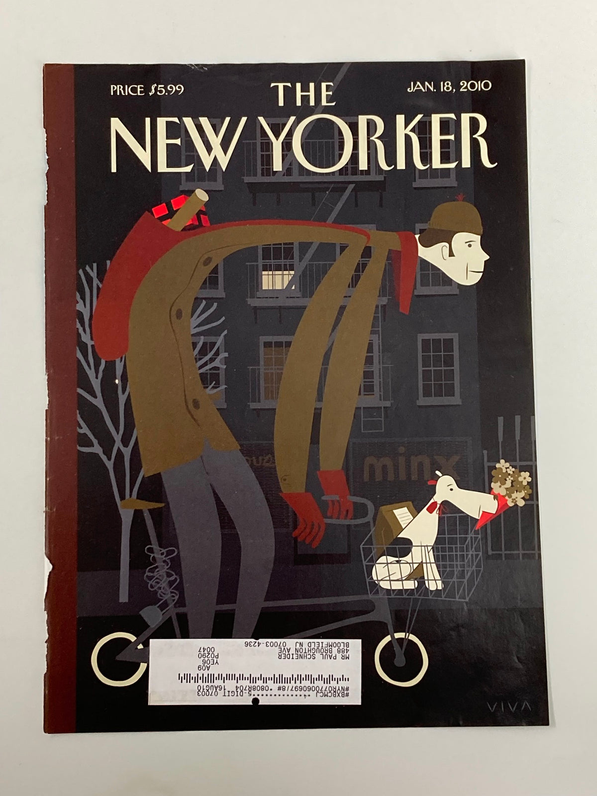 Cover of The New Yorker dated January 18, 2010, titled 'Great Expectations' by Frank Viva, featuring a whimsical illustration of a man carrying a dog on a bicycle.