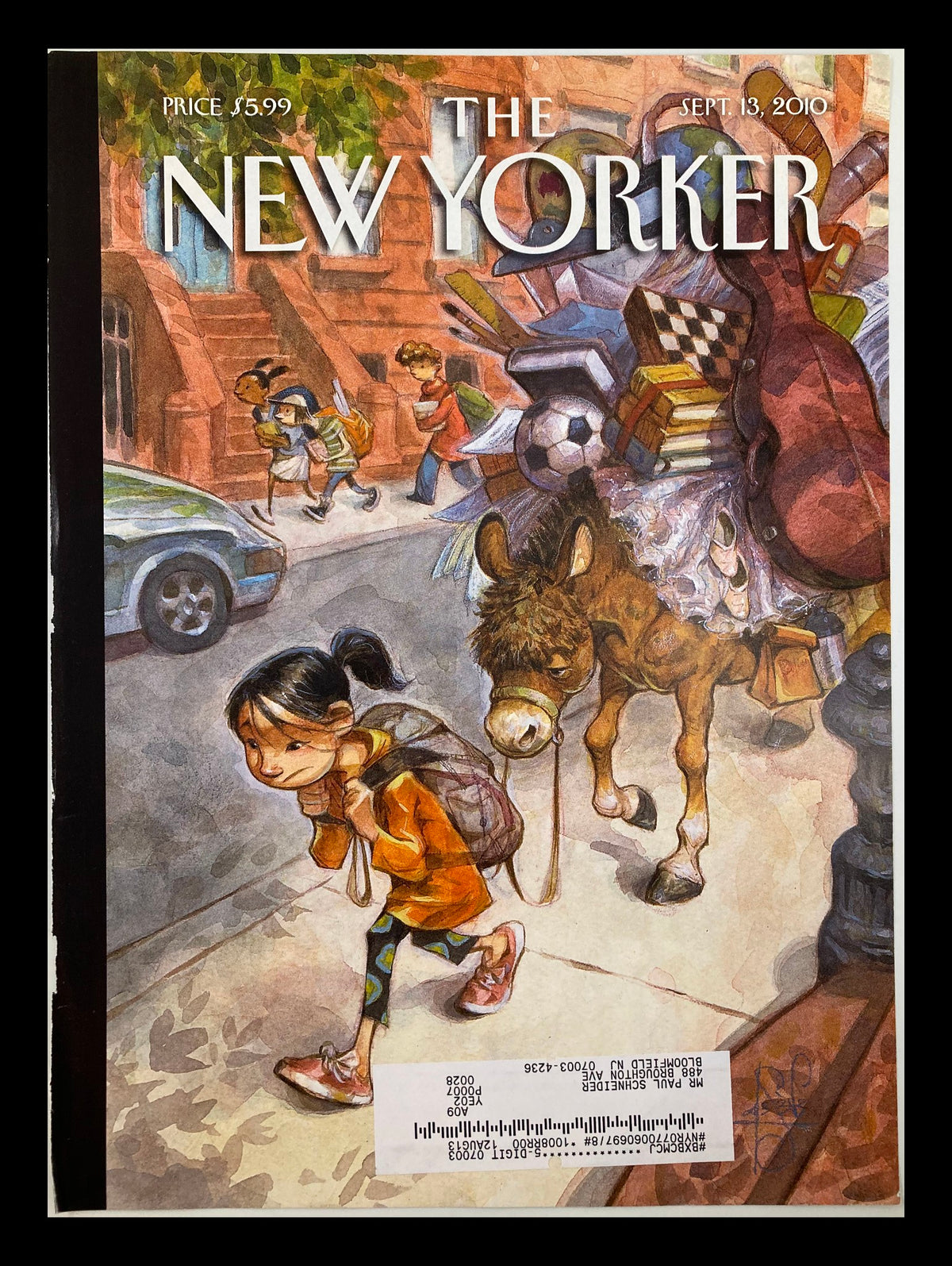 The New Yorker Cover September 13 2010 Beasts of Burden by Peter de Sève featuring a whimsical illustration of a young girl walking past a donkey with books and a soccer ball, capturing a charming urban scene.