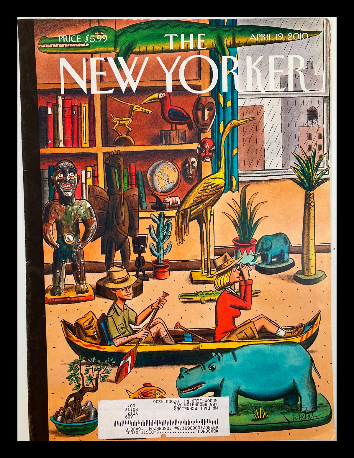 Cover of The New Yorker dated April 19, 2010, titled 'The Collectors' featuring an illustration by Jacques de Loustal, showcasing vibrant art with figures and animals in a cultured setting.