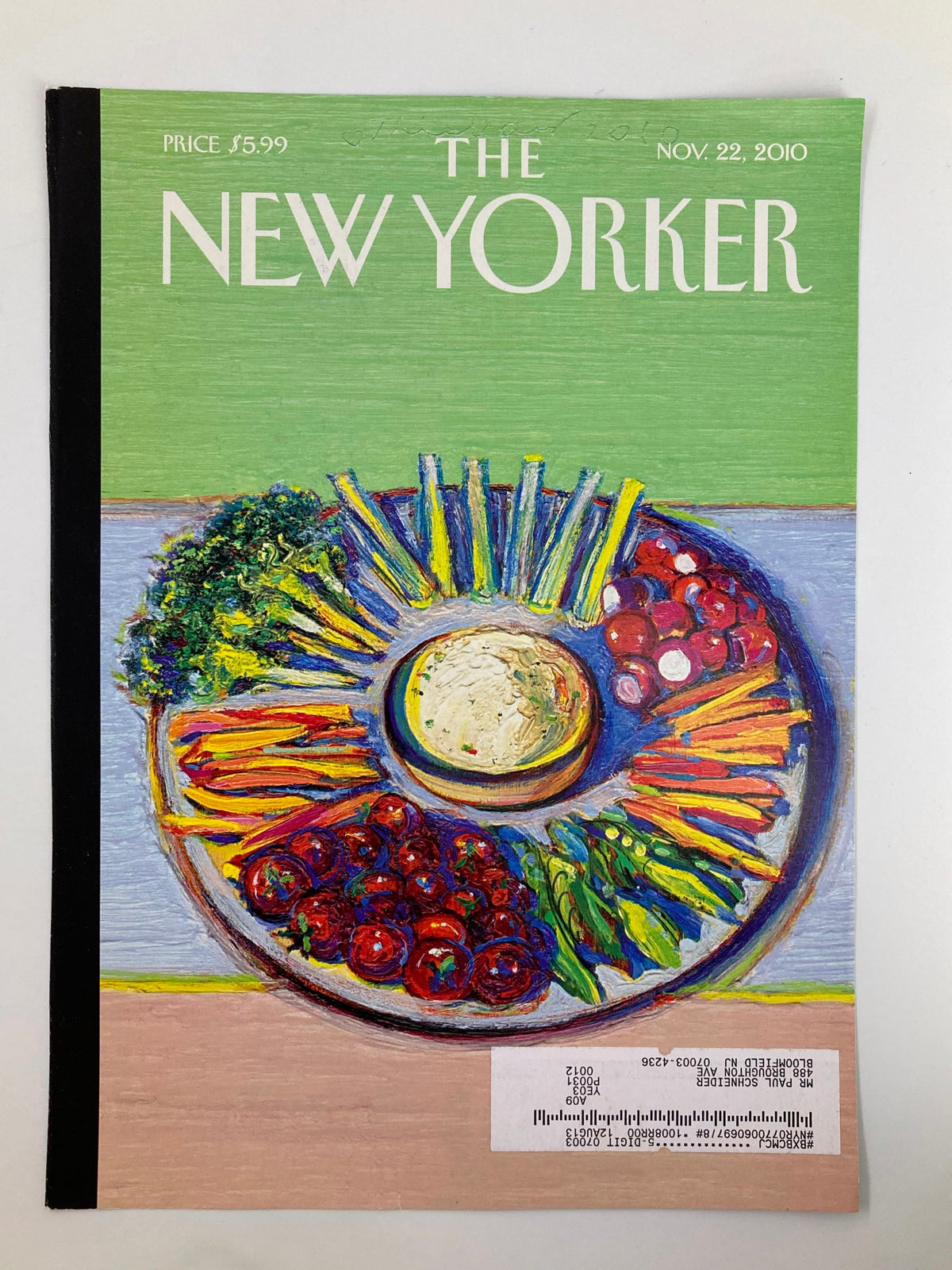 The New Yorker magazine cover from November 22, 2010, titled 'Circle Dip' by Wayne Thiebaud, featuring a colorful display of vegetables and dip in an artistic style.