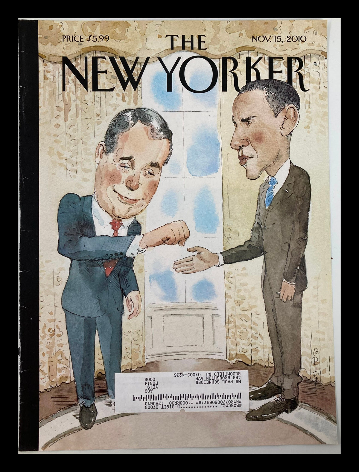The New Yorker November 15, 2010 cover featuring a cartoon illustration of Barack Obama and John Boehner shaking hands, created by Barry Blitt. This artwork captures a significant moment in American politics and reflects the magazine's renowned satire.