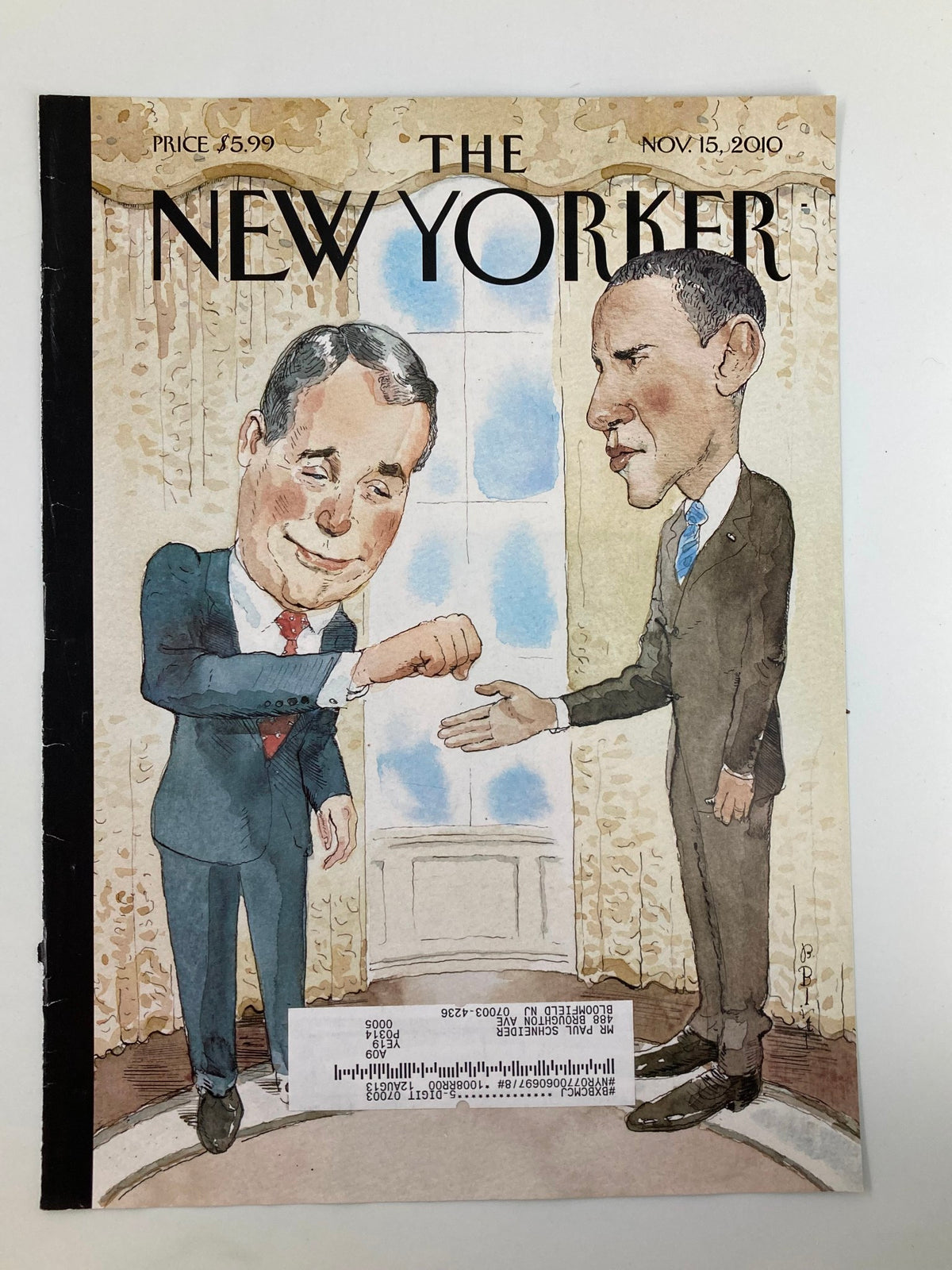 COVER ONLY The New Yorker November 15 2010 featuring a cartoon illustration of Barack Obama and John Boehner by Barry Blitt, depicting a handshake against a window background.