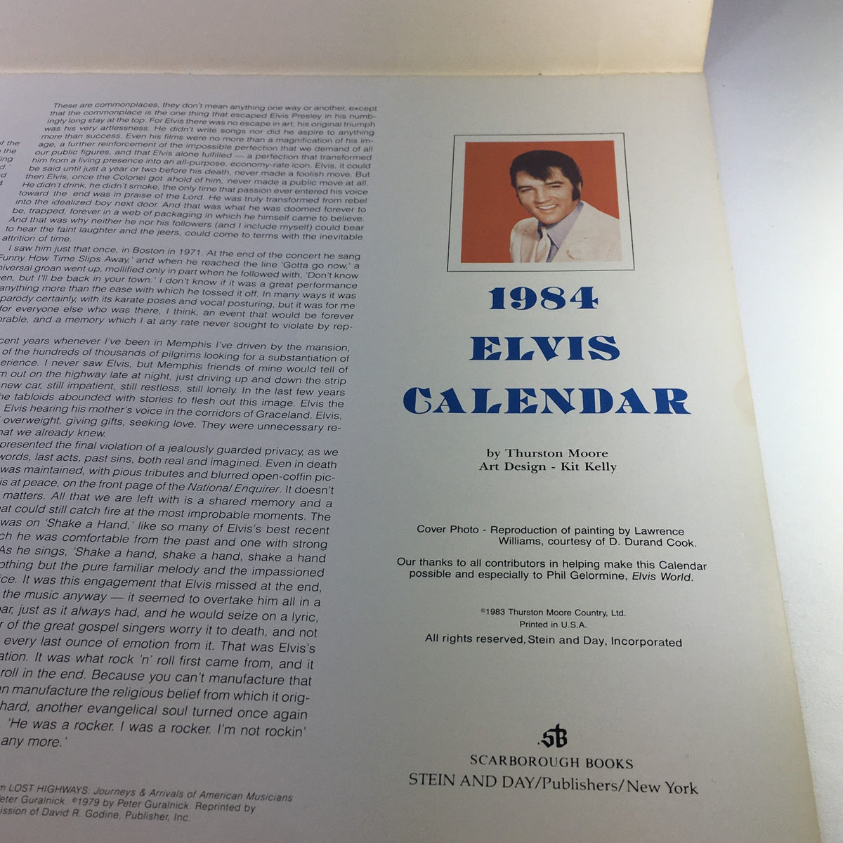 Inside page of the VTG 1984 Elvis Presley's Love Me Tender & Birthplace Graceland Photo Calendar showcasing text and a photo of Elvis.