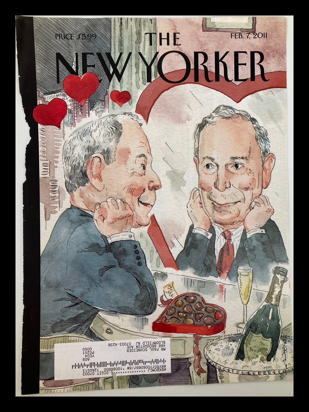 Cover of The New Yorker February 7 2011 titled 'Bloom in Love' by Barry Blitt, depicting two men admiring their reflections in a mirror with a romantic and whimsical theme.