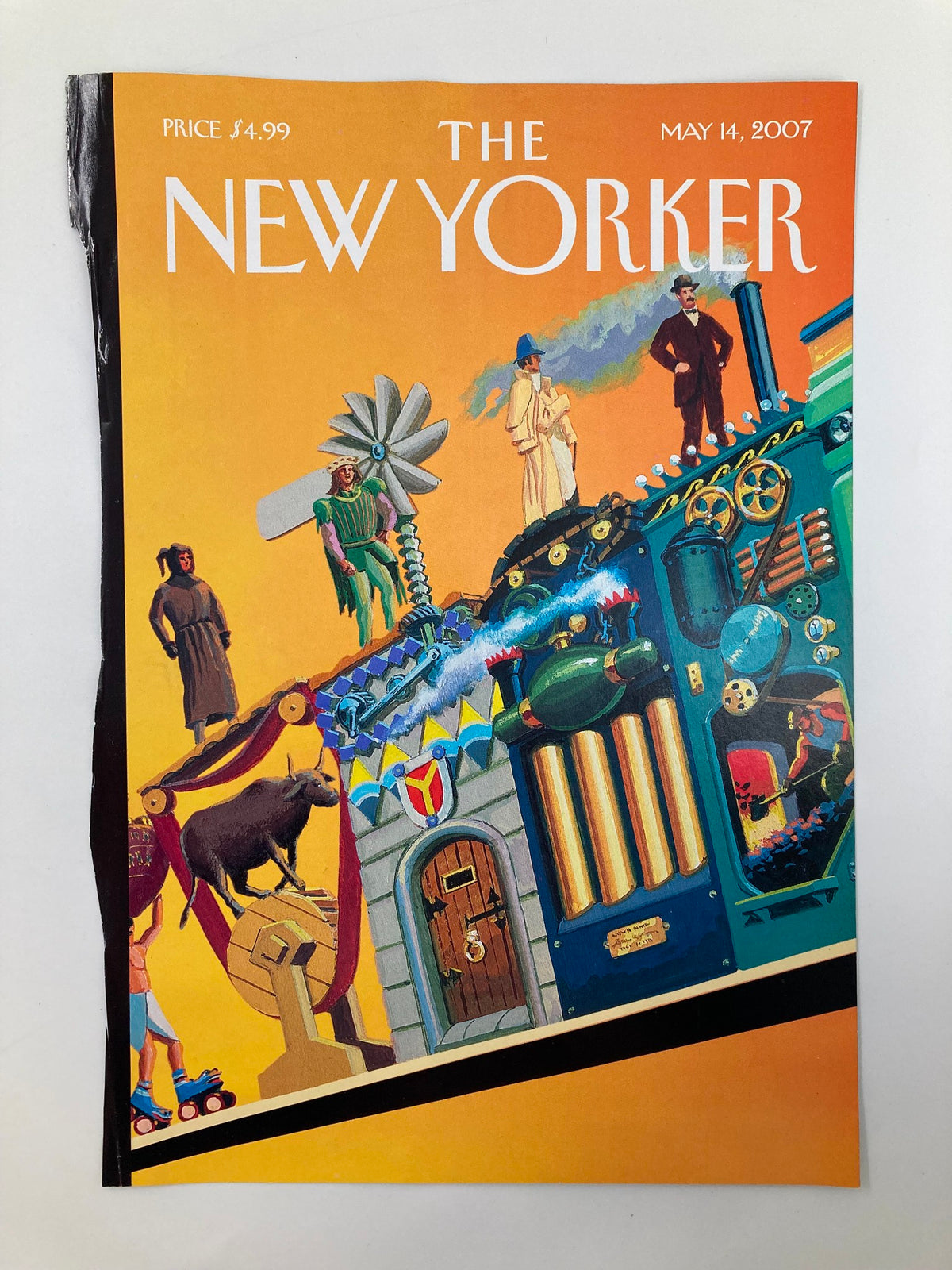 Detailed view of the cover of The New Yorker, May 14, 2007, titled 'The Ascent of Man' by Richard Brans showcasing colorful illustrations and themes of progress.
