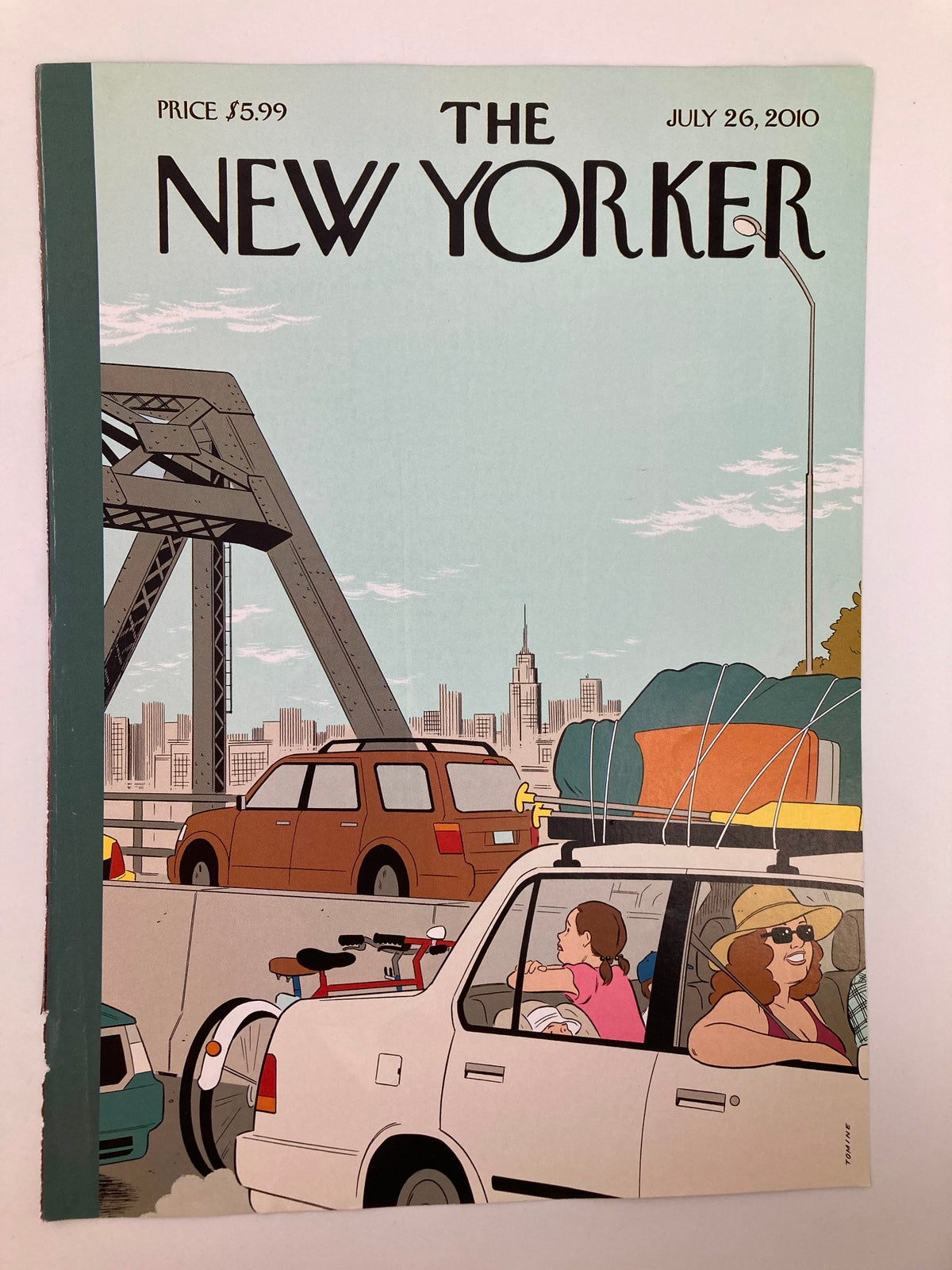 Cover of The New Yorker July 26, 2010, Summer Getaway by Adrian Tomine, featuring a colorful illustration of cars on a bridge with a city skyline in the background.