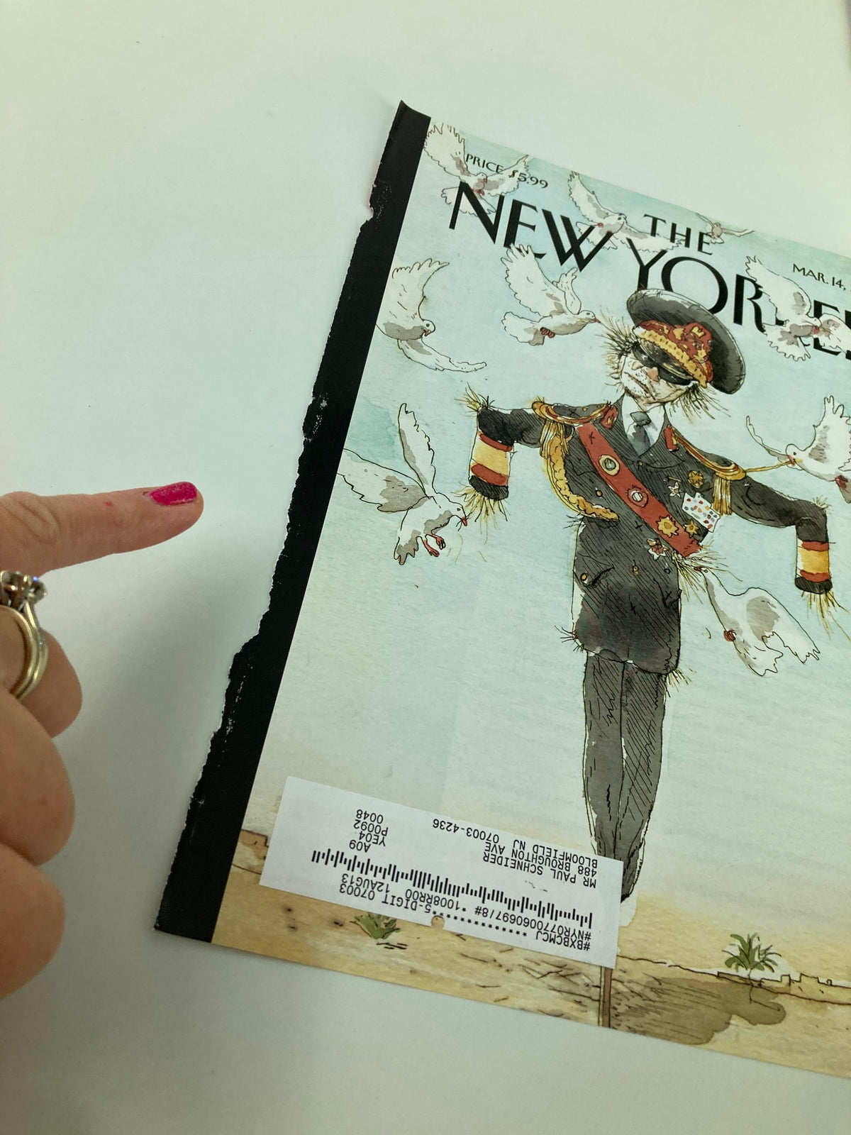March 14, 2011, The New Yorker cover 'Hope is The Thing with Feathers' by Barry Blitt, depicting a military figure with doves against a light background.