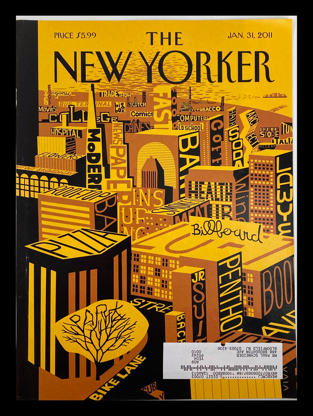 COVER ONLY The New Yorker January 31 2011 Mental Landscape by Frank Viva, featuring a vibrant illustration depicting a stylized cityscape with intricate designs and bold typography in striking yellow and black hues.