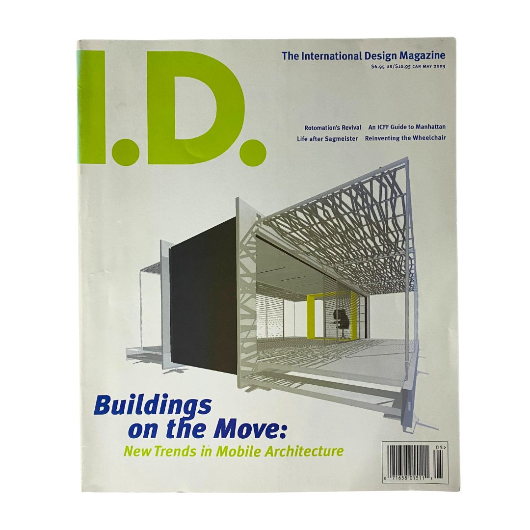 Cover image of I.D. Magazine, May 2003 edition titled 'Buildings on the Move: New Trends in Mobile Architecture', showcasing modern architectural design elements.