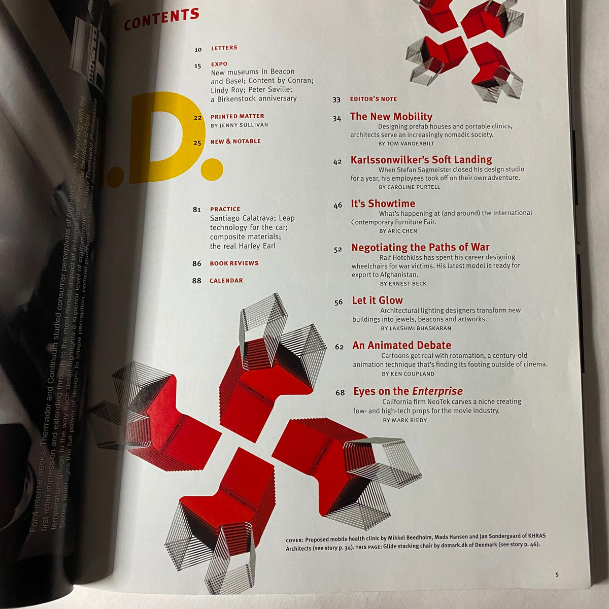 Contents page of I.D. Magazine, May 2003 edition, detailing articles and features including topics on mobile architecture.