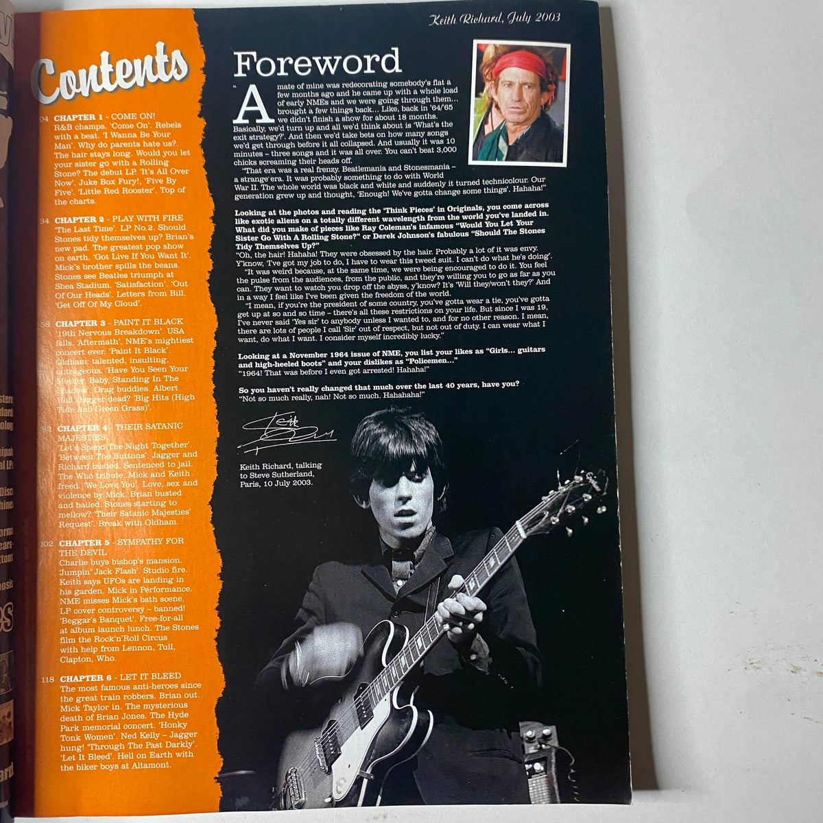 Contents page of NME Originals Magazine Vol 1 Issue 9 dedicated to The Rolling Stones, including a foreword by Keith Richards and an overview of chapters discussing their impact in the 1960s.