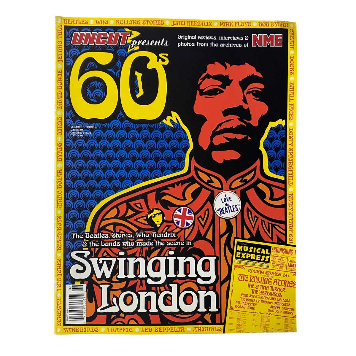 Cover of NME Originals Magazine Vol. 1 Issue 11 – Uncut Presents: Swinging London, featuring vibrant artwork and iconic figures from the 1960s music scene including The Beatles and Jimi Hendrix.