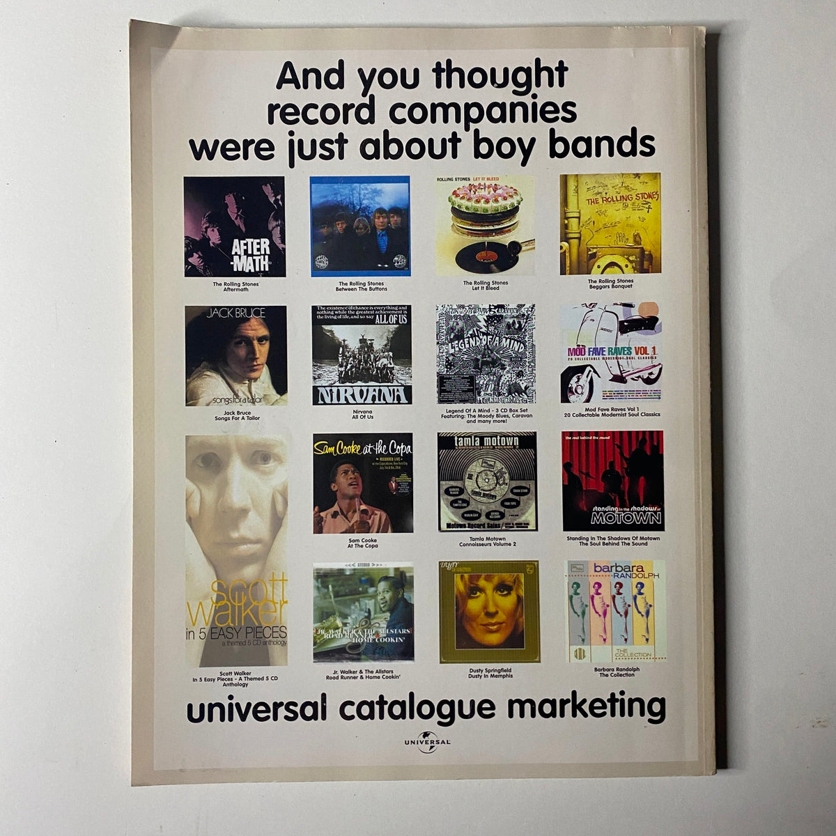 Back cover of NME Originals Magazine Vol 1 Issue 11 Uncut Presents Swinging London displaying an advertisement featuring various music albums and promoting the diversity in record labels.