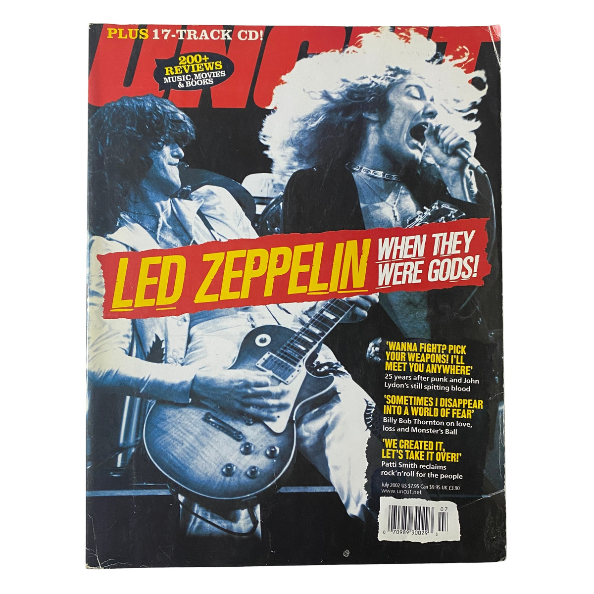 Uncut UK Magazine July 2002 featuring Led Zeppelin on the cover, showcasing iconic rock photography and bold headlines about the band.