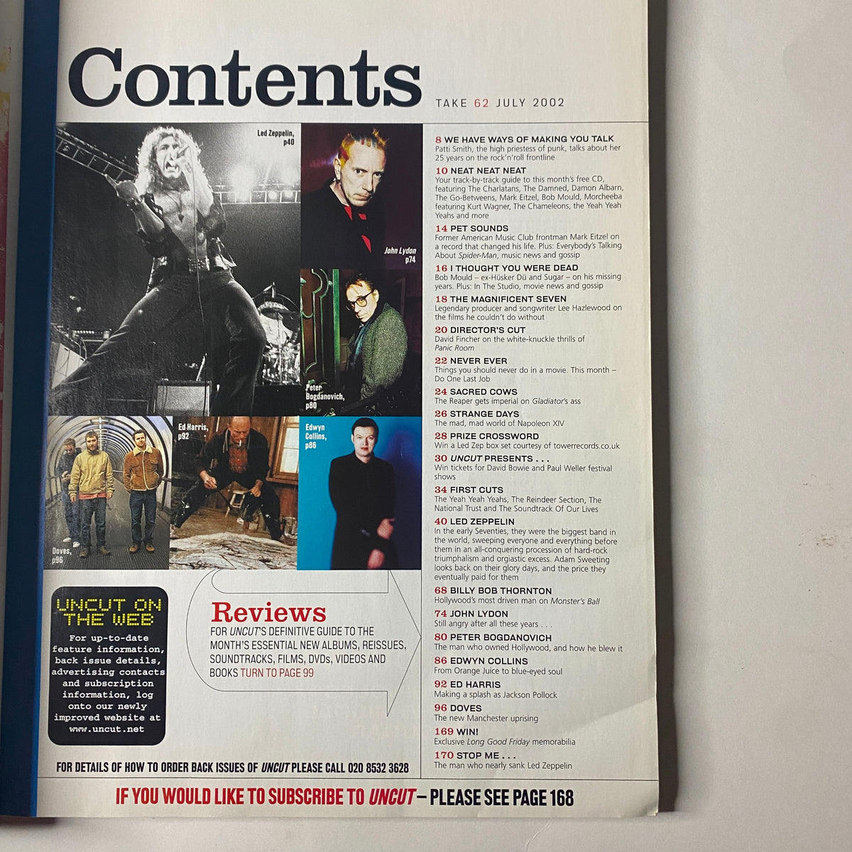 Inside page of Uncut UK Magazine July 2002, displaying the contents section with features on Led Zeppelin and various music reviews.