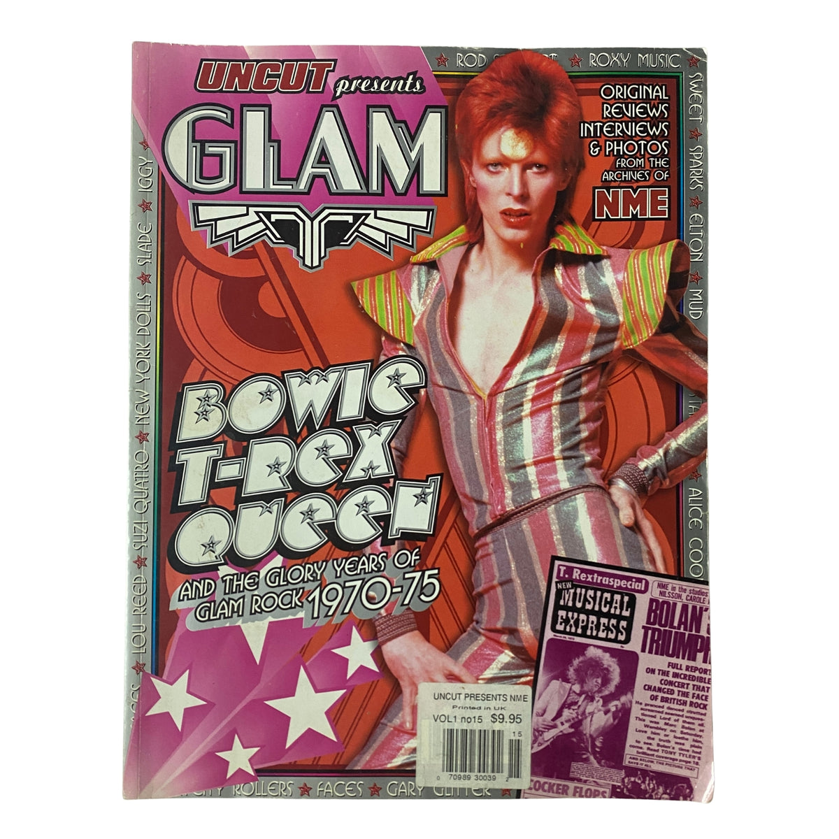 Uncut Magazine Presents NME Originals Vol 1 Issue 15 featuring David Bowie on the cover, showcasing the glam rock era from 1970-75 with vibrant colors and iconic fashion.