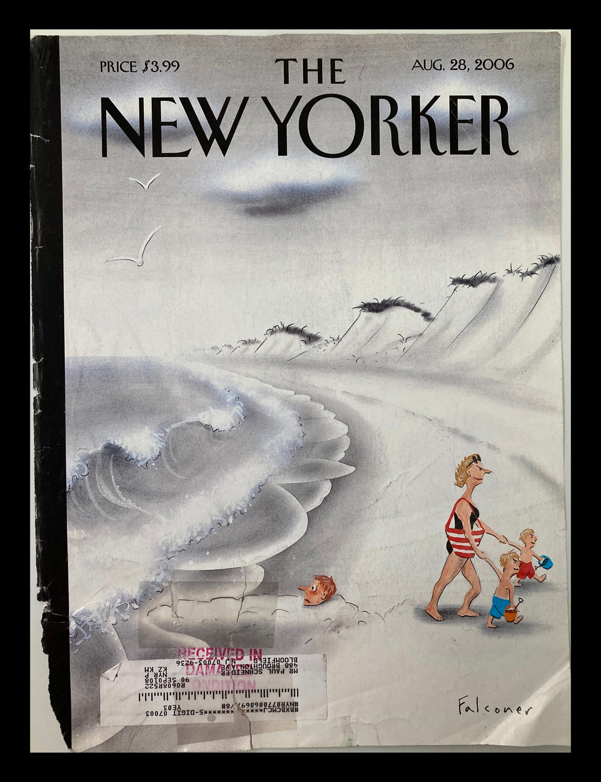 Cover of The New Yorker August 28 2006 titled 'An Incoming Tide' by Ian Falconer, featuring a summer beach scene with characters and waves, showing signs of wear including an address label.