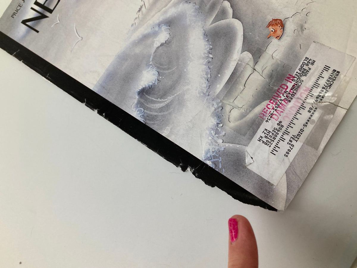 Close-up view of the bottom edge of The New Yorker cover from August 28 2006, 'An Incoming Tide' by Ian Falconer, highlighting the condition with visible creases and an address label.