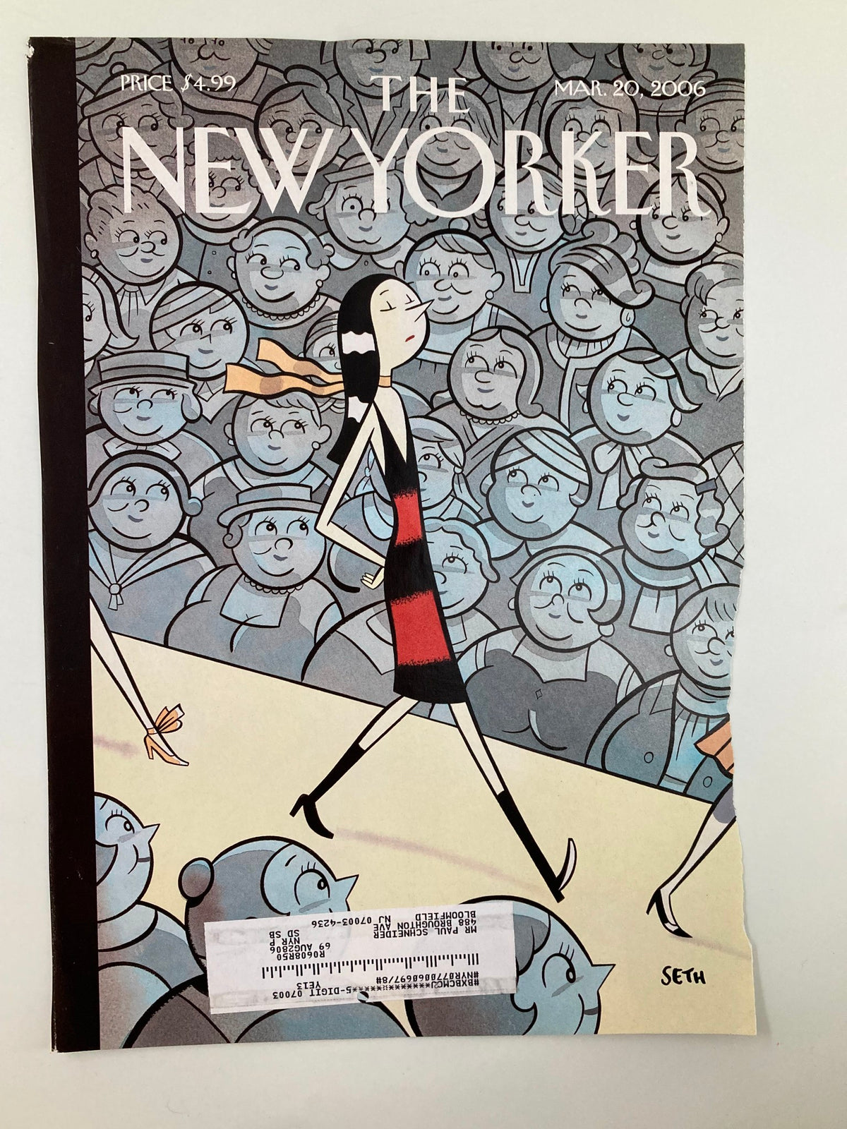 The New Yorker March 20 2006 cover featuring 'The Skinny on Fashion' illustration by Seth, showcasing a fashion model walking on a runway with a crowd in the background.