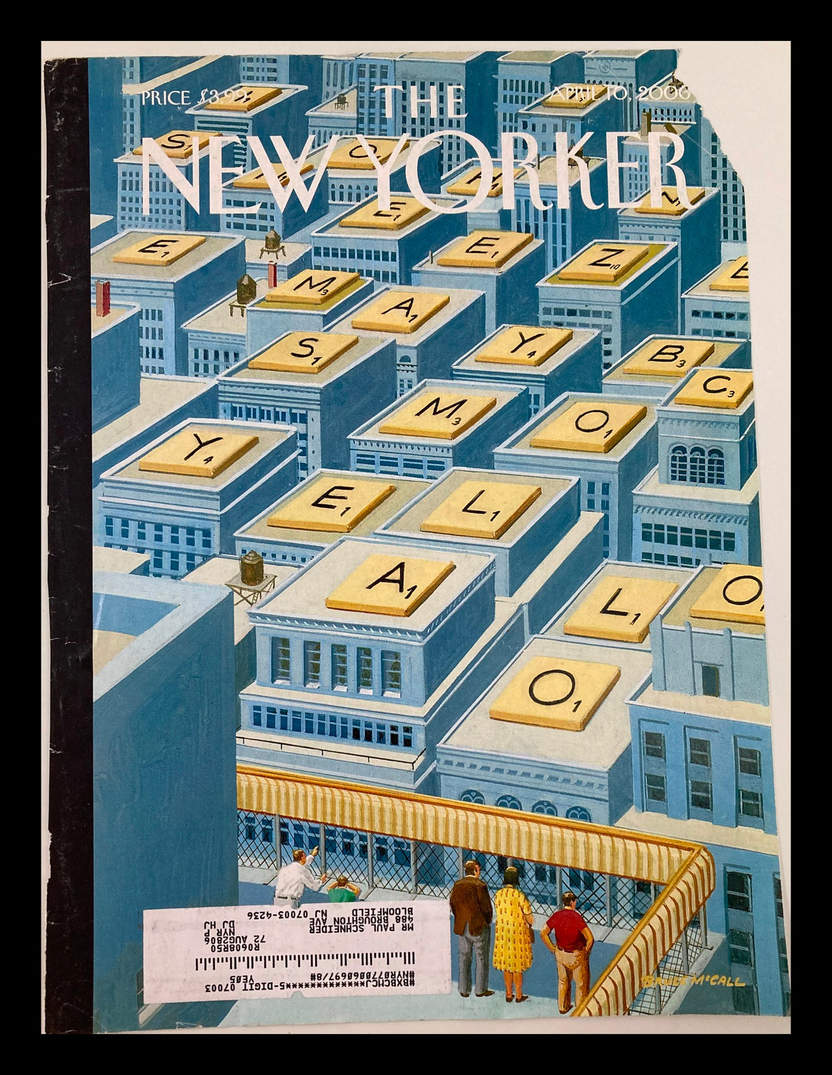 COVER ONLY The New Yorker April 10 2006 View from the Top by Bruce McCall showcasing a whimsical cityscape with large Scrabble tiles. Ideal for art collectors and fans of vintage magazine covers.