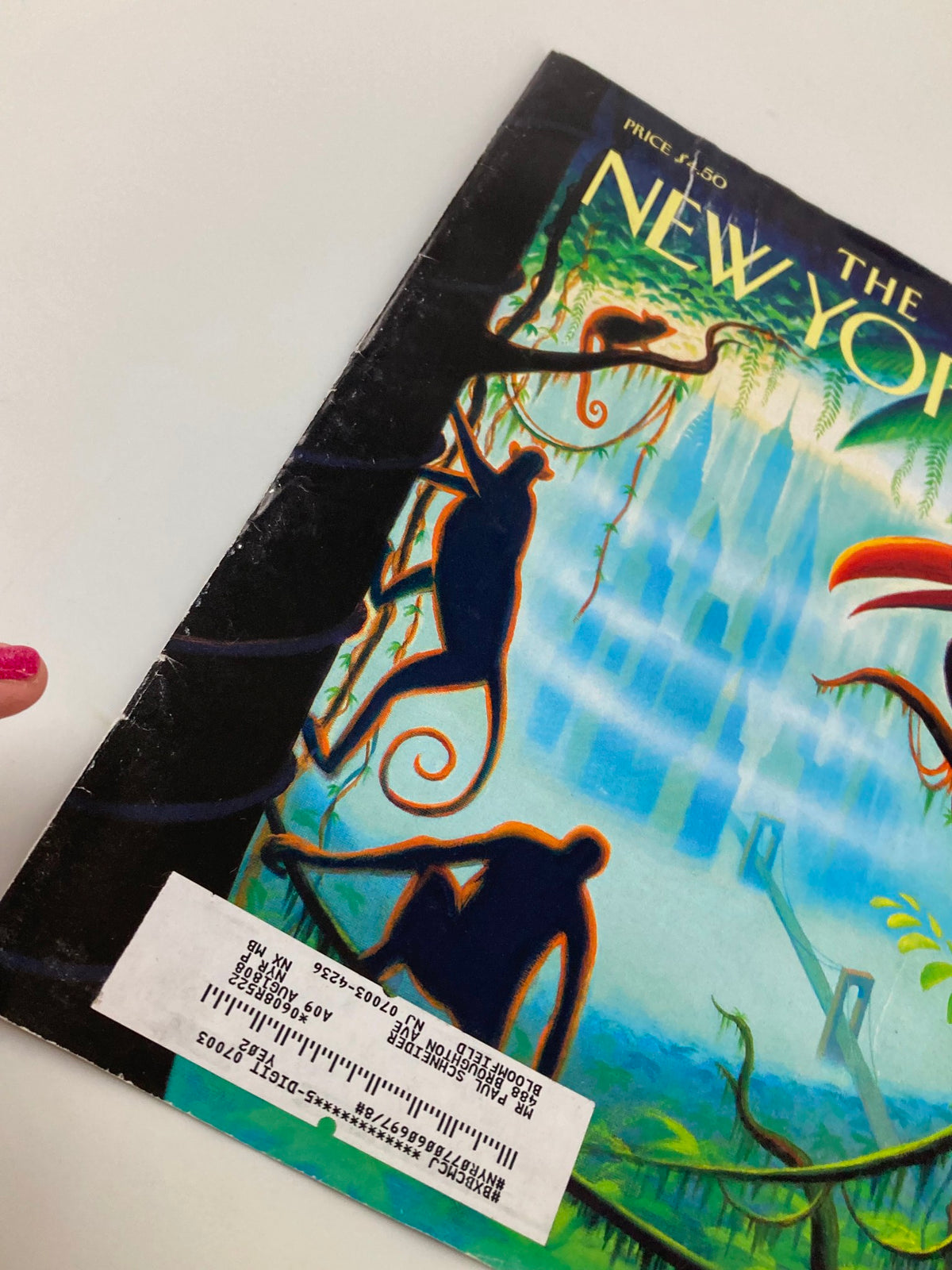 Detail of The New Yorker August 6 2007 cover titled 'Urban Jungle' by Eric Drooker, displaying a price tag and the unique illustrations of city life.