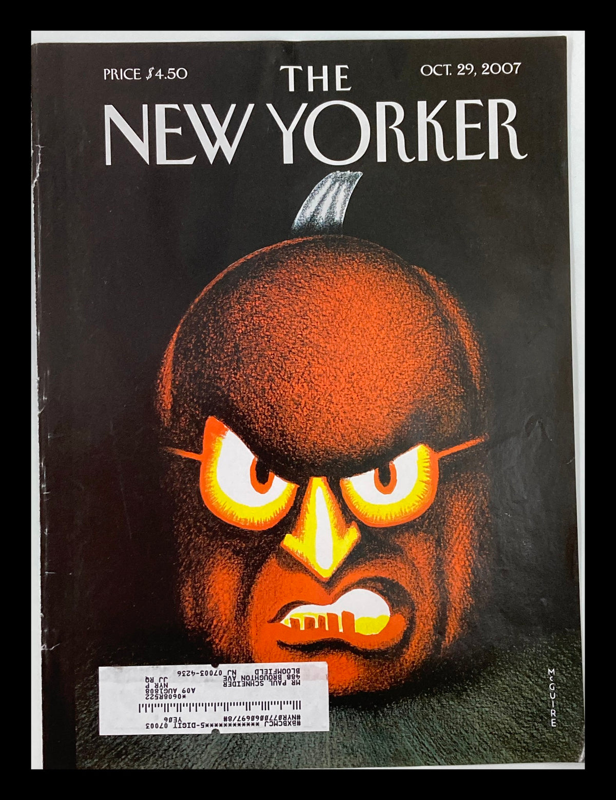 Cover of The New Yorker dated October 29, 2007, featuring a Halloween-themed illustration designed by Richard McGuire, showcasing a spooky pumpkin character.