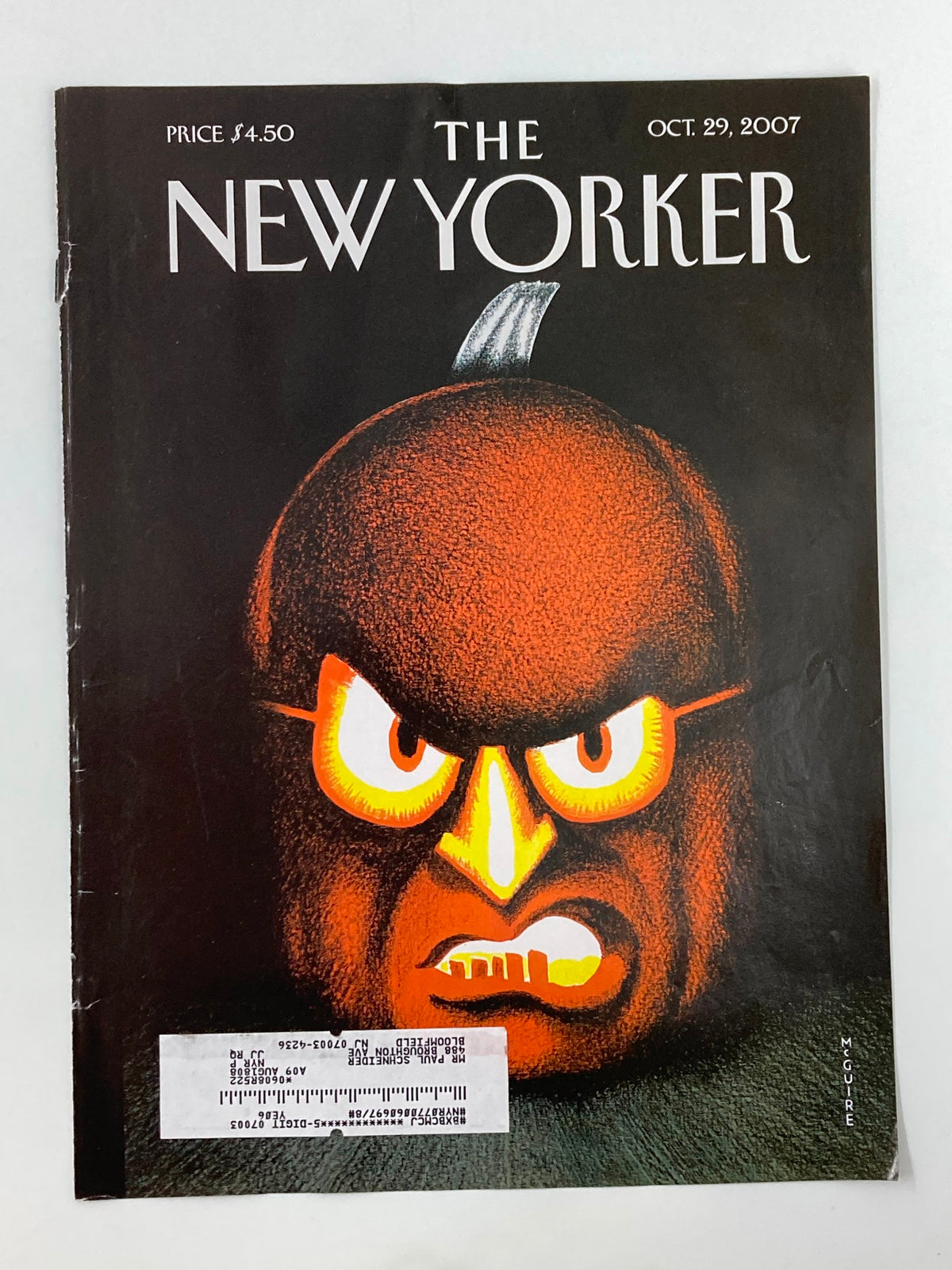 The New Yorker cover from October 29, 2007, illustrated by Richard McGuire, depicting a striking Halloween pumpkin design, emphasizing the season's festive spirit.