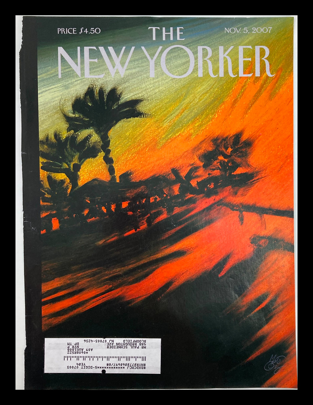Cover of The New Yorker from November 5, 2007, featuring vibrant illustration 'Wild Fires' by Lorenzo Mattotti, depicting a dramatic sunset with palm trees.