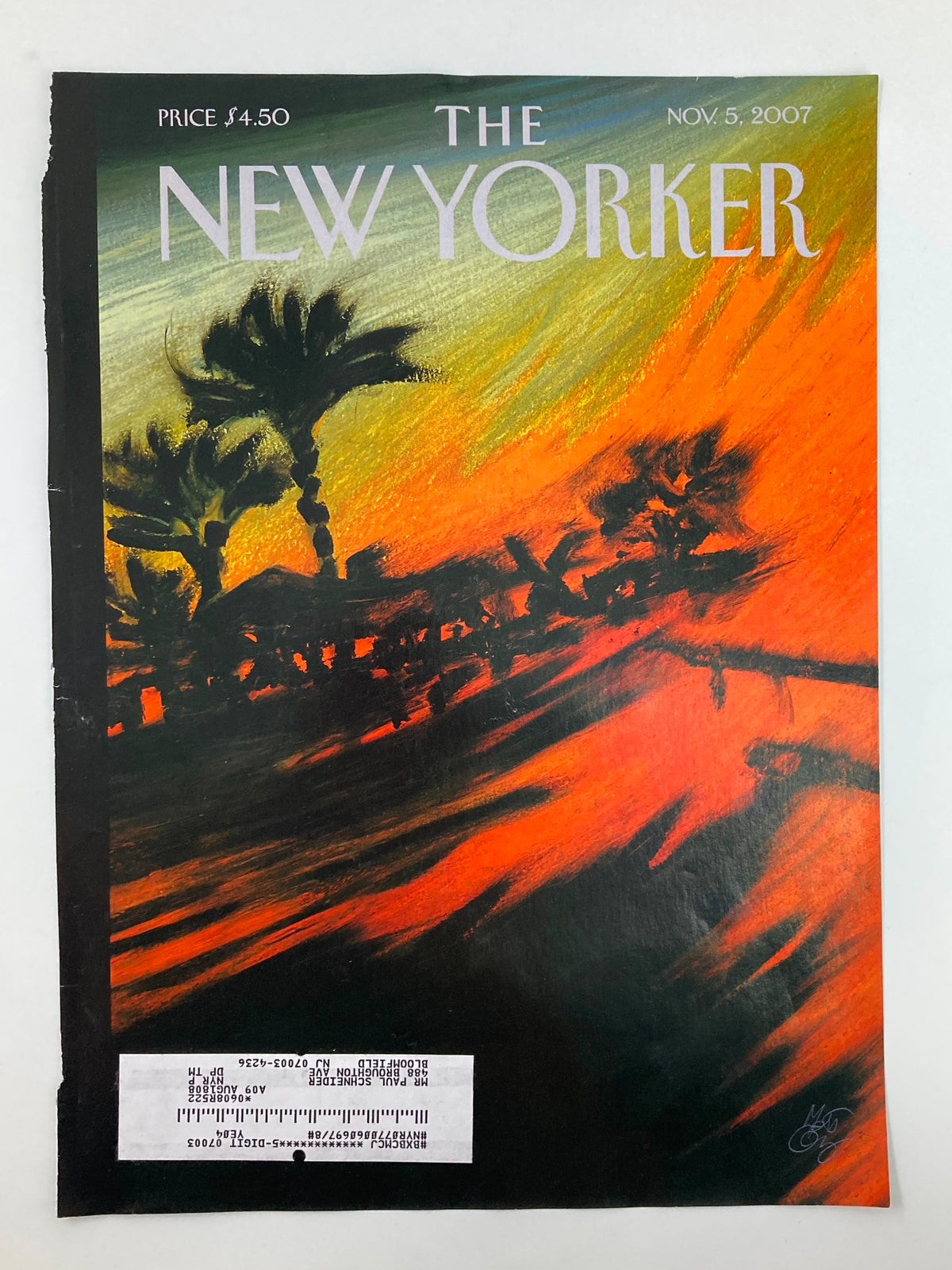 Cover of The New Yorker November 5, 2007, showcasing the artwork 'Wild Fires' by Lorenzo Mattotti, with bold colors and palm silhouette against a fiery backdrop.