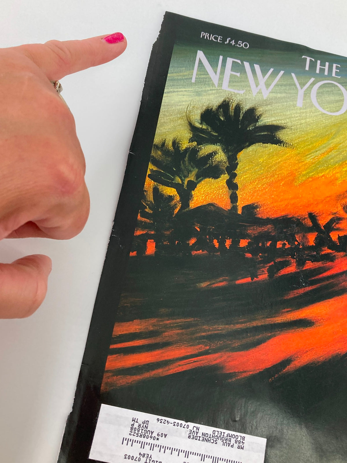 Detailed view of the cover of The New Yorker November 5 2007 titled 'Wild Fires' by Lorenzo Mattotti, highlighting artwork and wear, showing a finger pointing at the corner of the magazine.