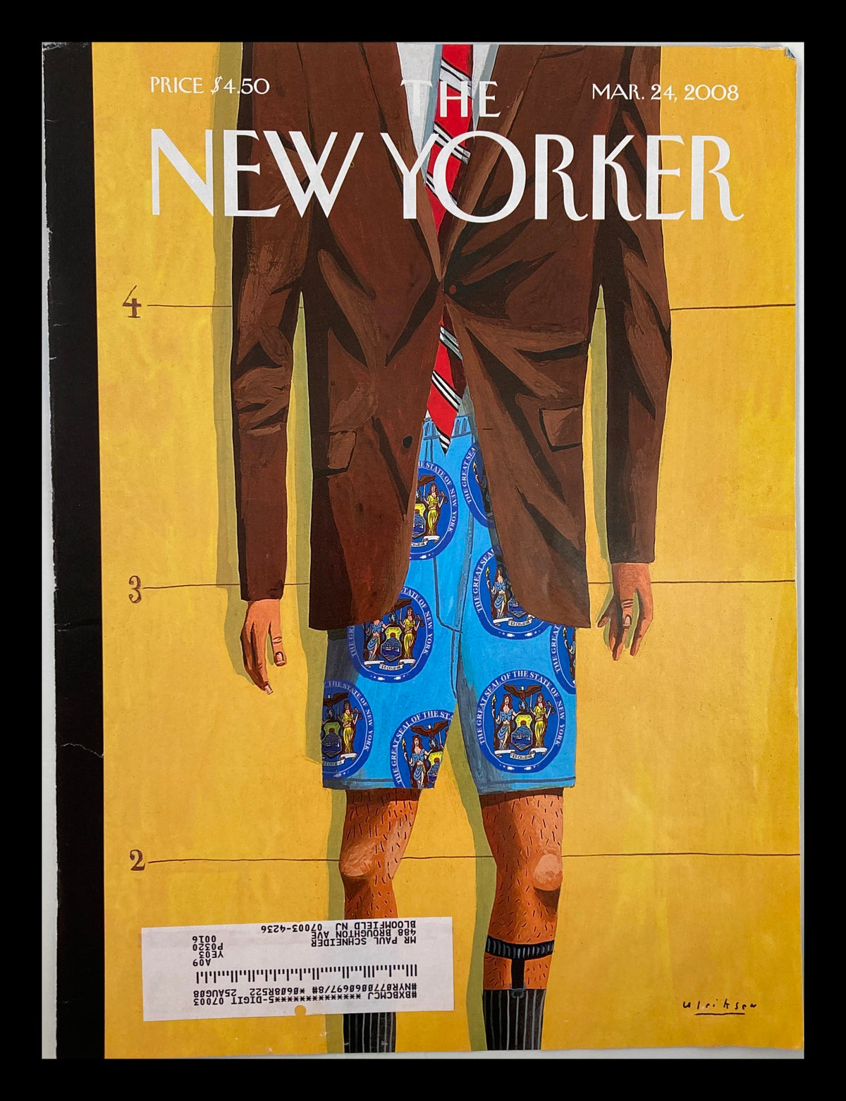 Cover of The New Yorker March 24 2008 featuring 'The Emperor's New Clothes' illustration by Mark Ulriksen, depicting a man in a brown blazer and blue patterned shorts.