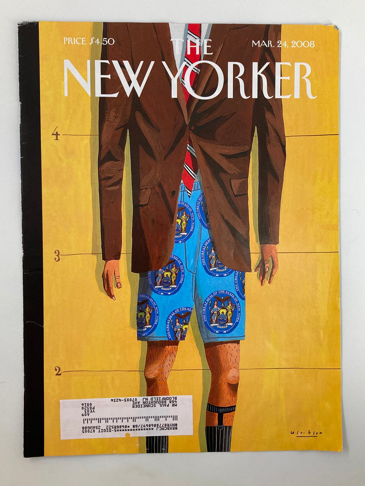 Cover of The New Yorker March 24 2008 showcasing 'The Emperor's New Clothes' by Mark Ulriksen, illustrating a figure in a suit and whimsical blue shorts.