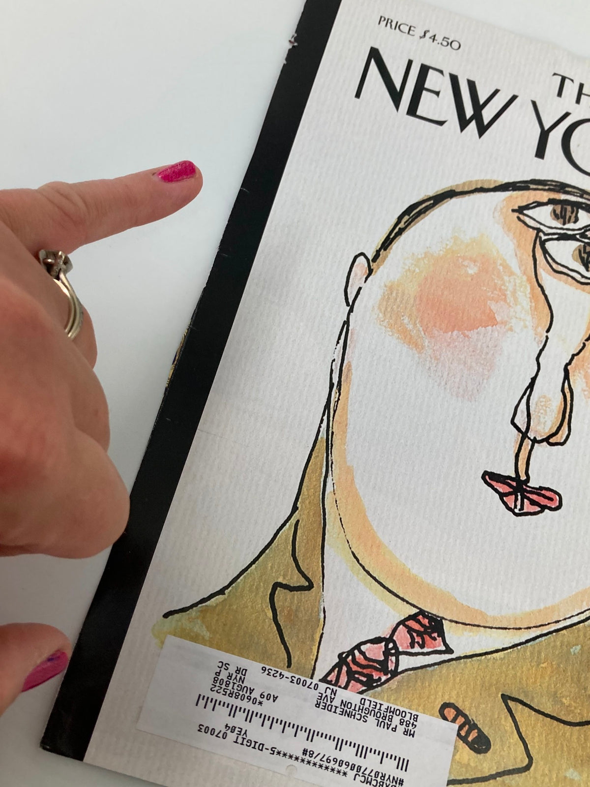 The New Yorker Cover November 12, 2007 - The Face by William Steig showing a whimsical illustration of a man's face, with a pointed finger indicating the magazine's edge.
