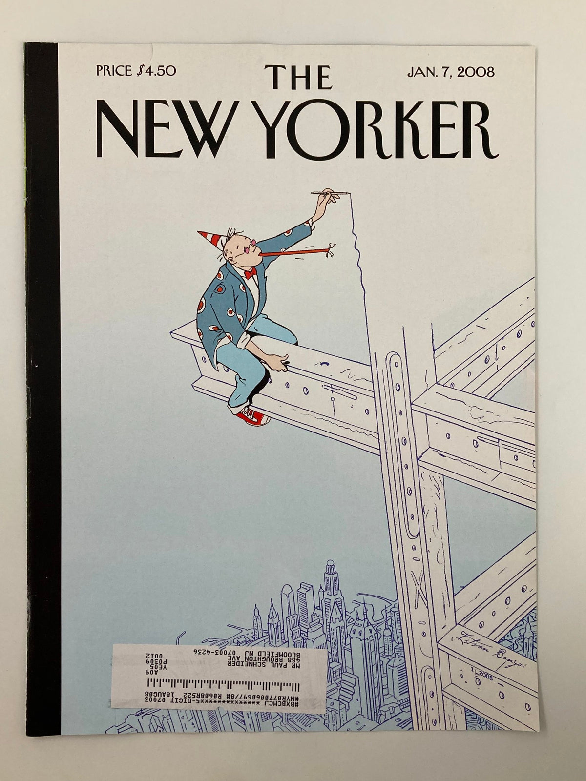 The New Yorker January 7 2008 cover titled 'On The Edge' by Istvan Banyai depicting a playful image of a character in a blue suit and party hat balanced on a beam, overlooking a cityscape.