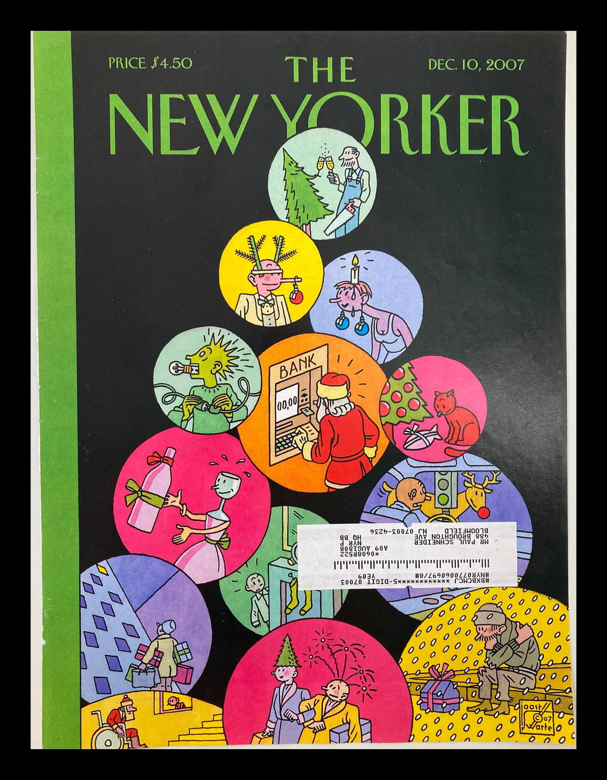 Cover of The New Yorker, December 10, 2007, featuring a colorful illustration with a Christmas tree design showcasing characters engaged in festive activities, by J. Swarte.