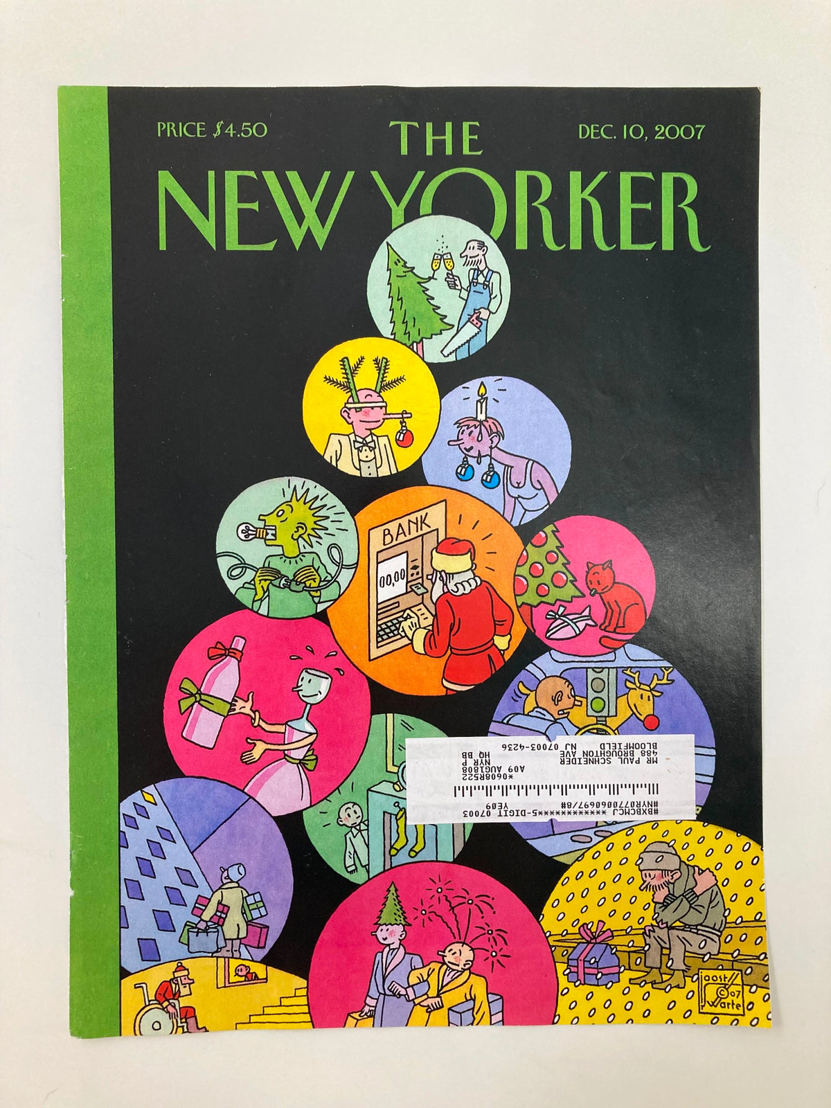 The New Yorker magazine cover from December 10, 2007, highlighting an artistic depiction of a Christmas tree with various characters in holiday attire, illustrated by J. Swarte.