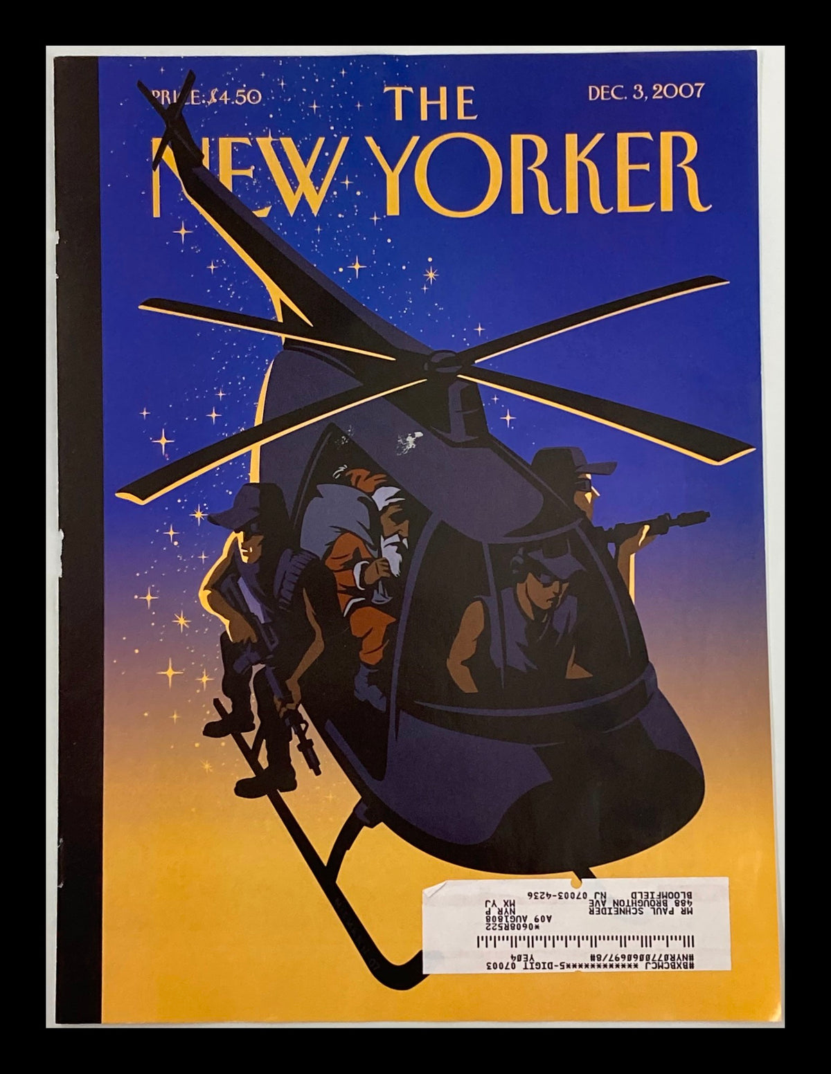 COVER ONLY The New Yorker December 3 2007, featuring the striking illustration 'Violent Night' by Christoph Niemann, depicting a helicopter scene in a starry night background.