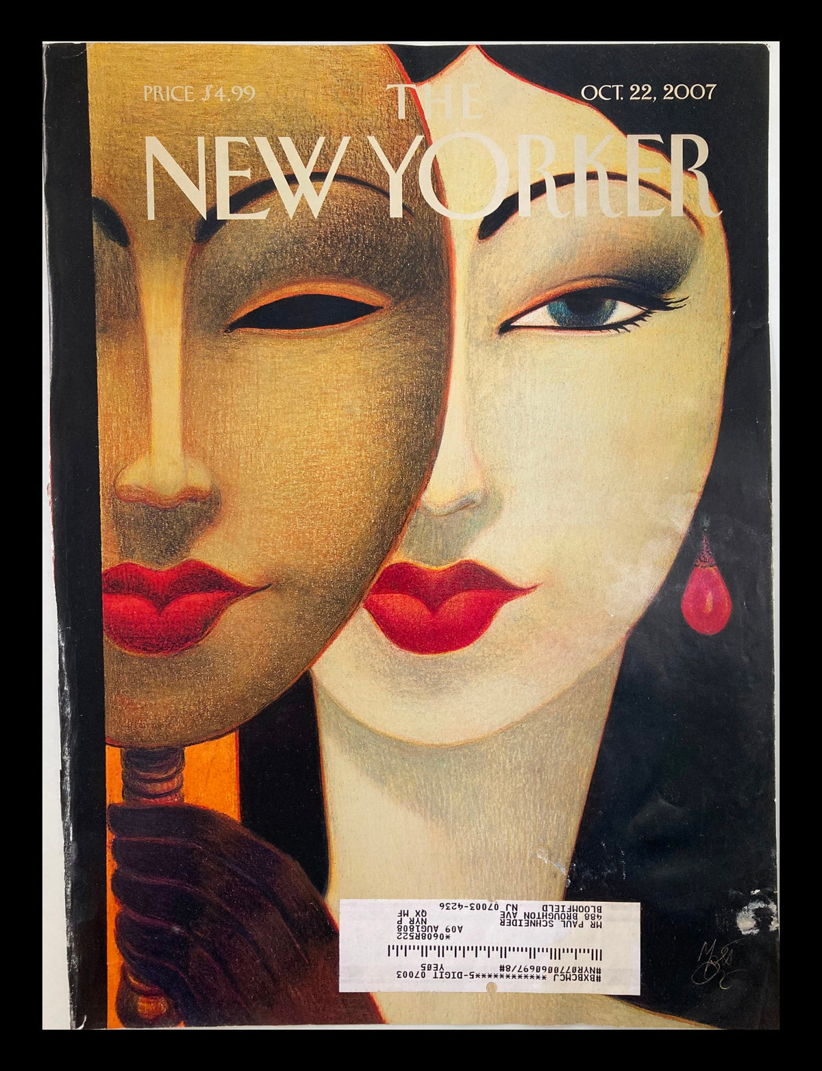 Cover only The New Yorker October 22 2007 featuring artwork by Lorenzo Mattotti, showcasing a stylized dual face design with bold lips and expressive features.