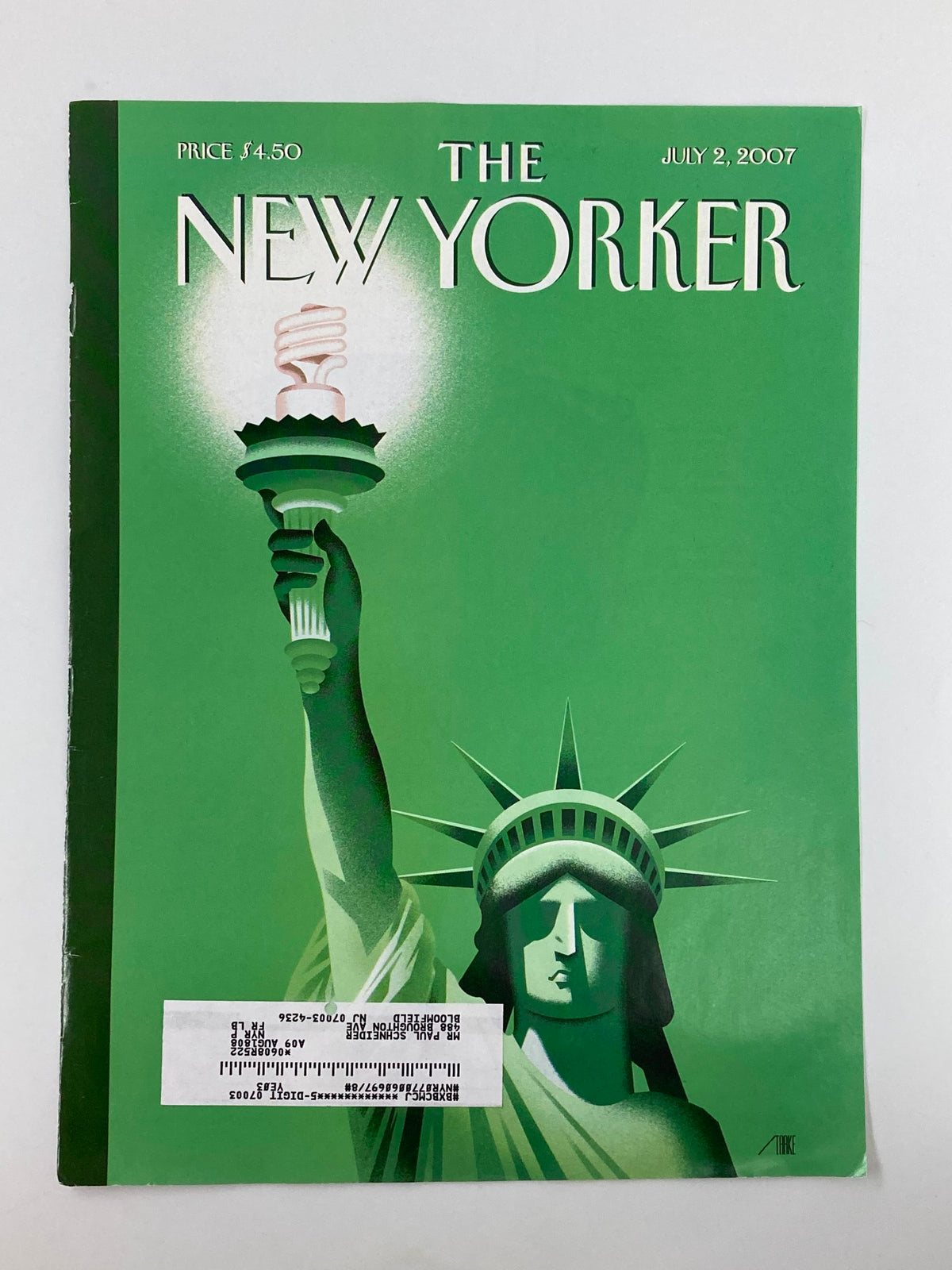 COVER ONLY The New Yorker July 2 2007 Light of Liberty by Bob Staake showcasing the iconic Statue of Liberty in a striking green design.