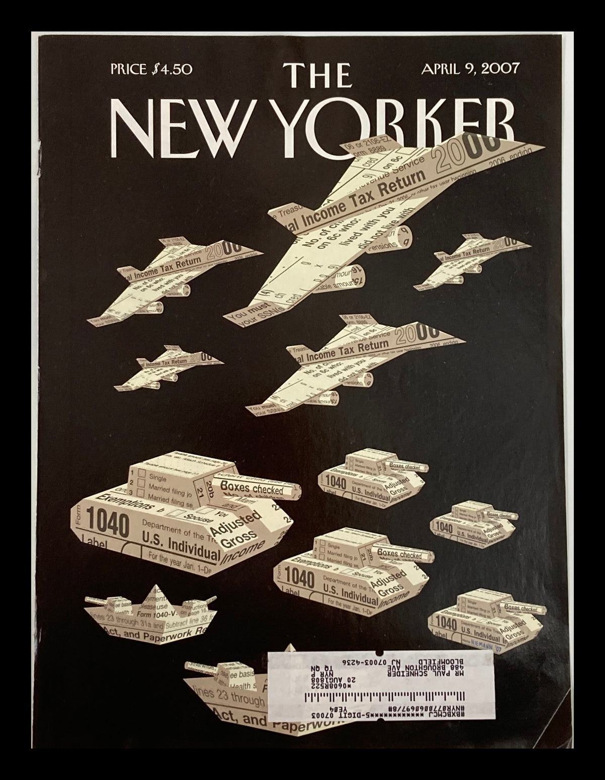 Cover of The New Yorker April 9, 2007, featuring artwork titled 'T-Day' by Christoph Niemann, depicting creative interpretations of tax forms and planes.