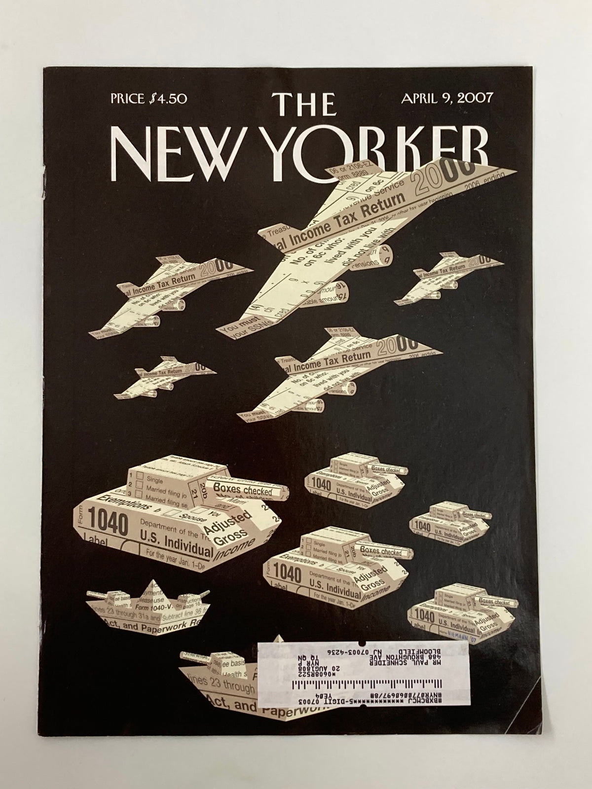 Front view of The New Yorker April 9, 2007 cover, showcasing Christoph Niemann's artwork 'T-Day' with flying tax forms and a black background.
