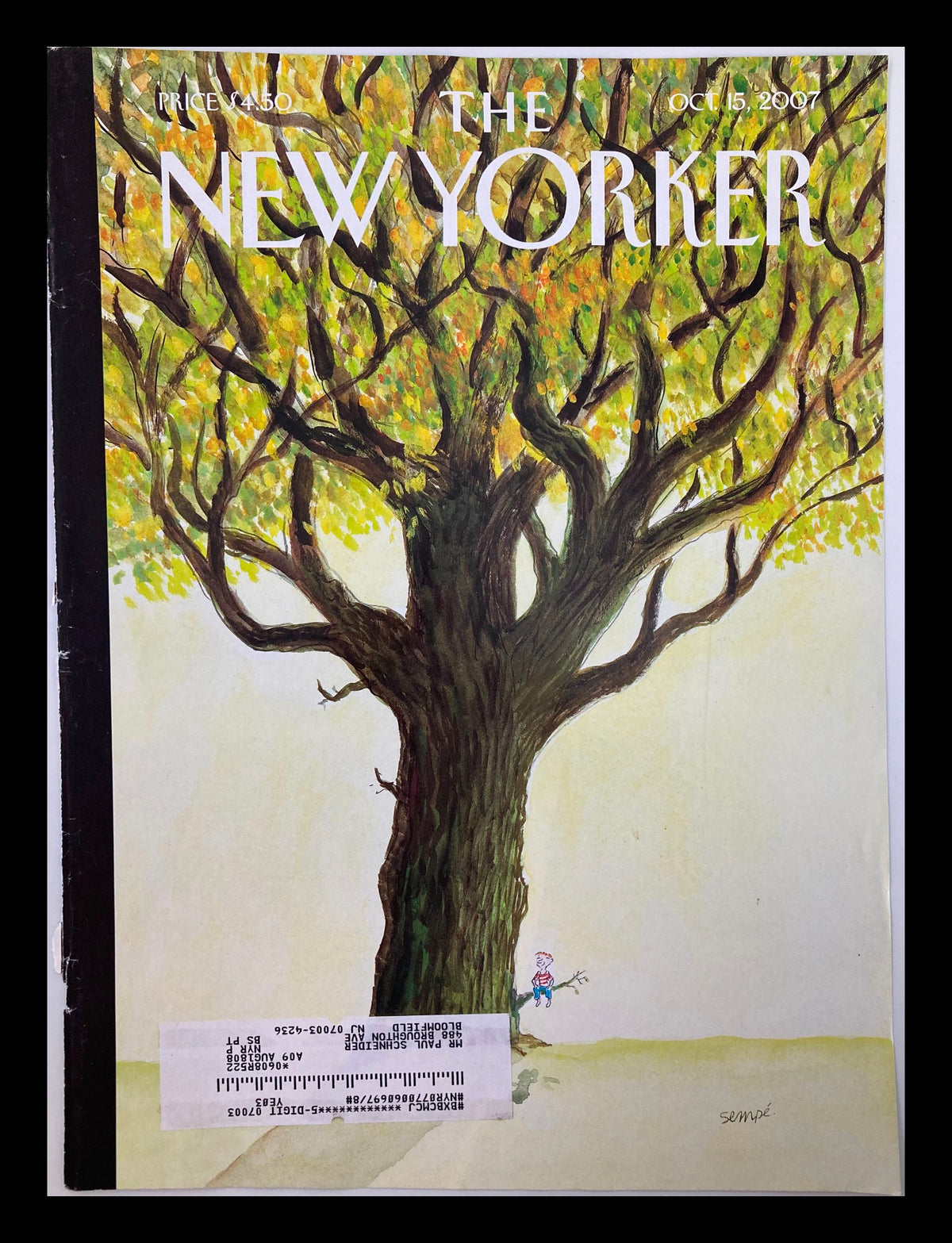 Cover of The New Yorker October 15, 2007, titled 'Higher Still' by Jean-Jacques Sempé, showcasing a vibrant tree and whimsical illustration.