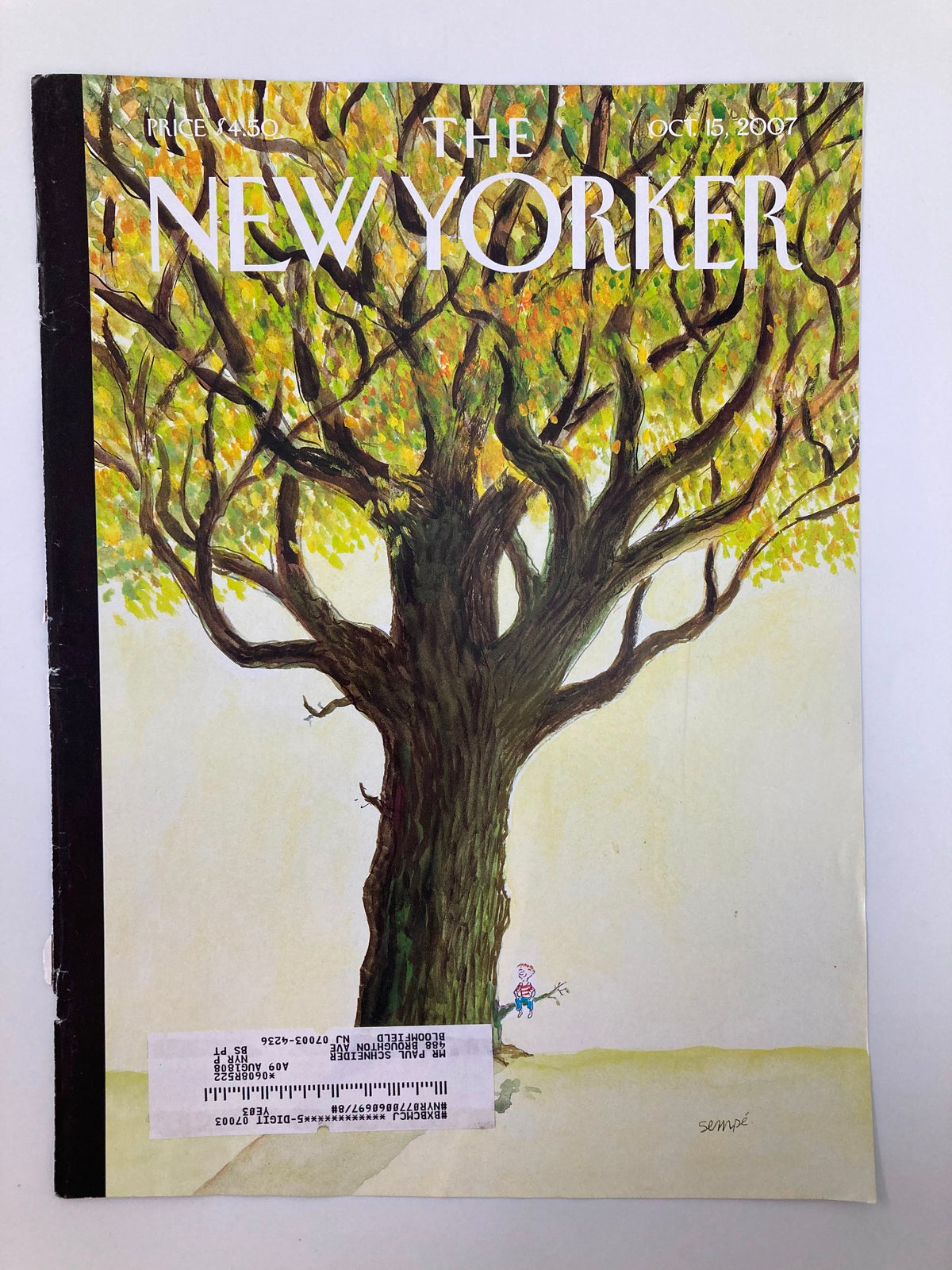 Cover of The New Yorker October 15, 2007, titled 'Higher Still' by Jean-Jacques Sempé, featuring a colorful tree with a character at its base.