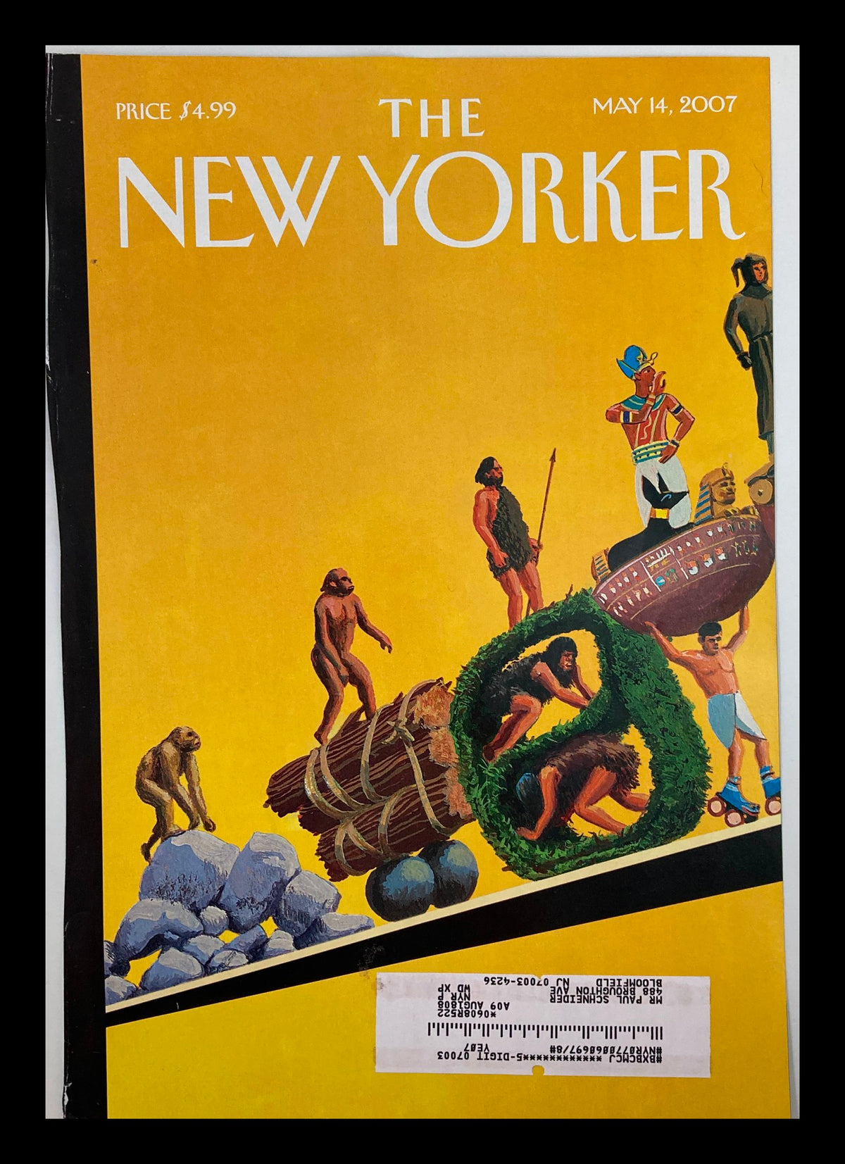 Cover of The New Yorker May 14, 2007 featuring 'The Ascent of Man' artwork by Bruce McCall, showcasing a colorful illustration of human evolution and cultural progress.